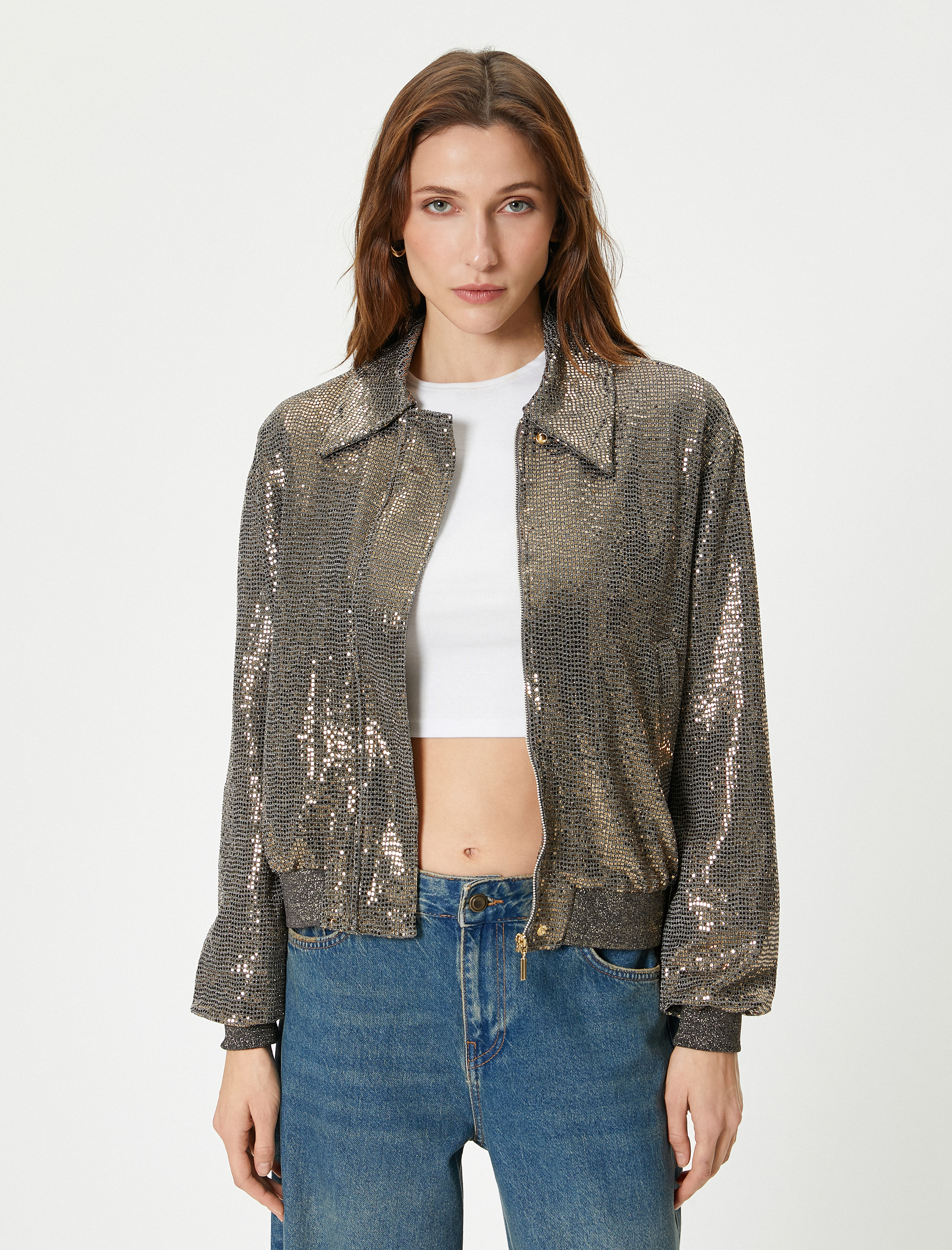   Payetli Bomber Ceket Metalik Parlak