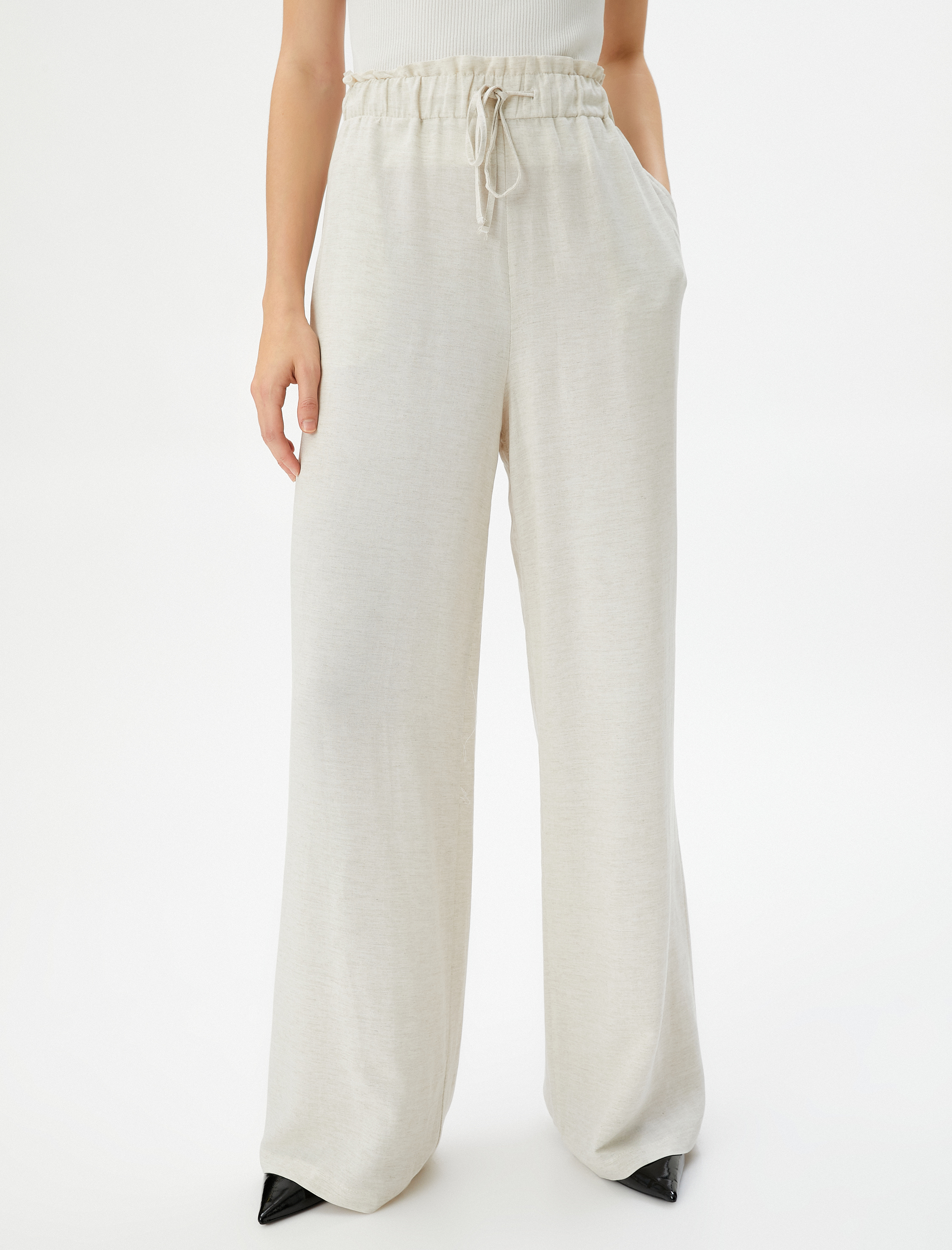   Bol Paça Pantolon Yüksek Bel Beli Bağcıklı Cepli