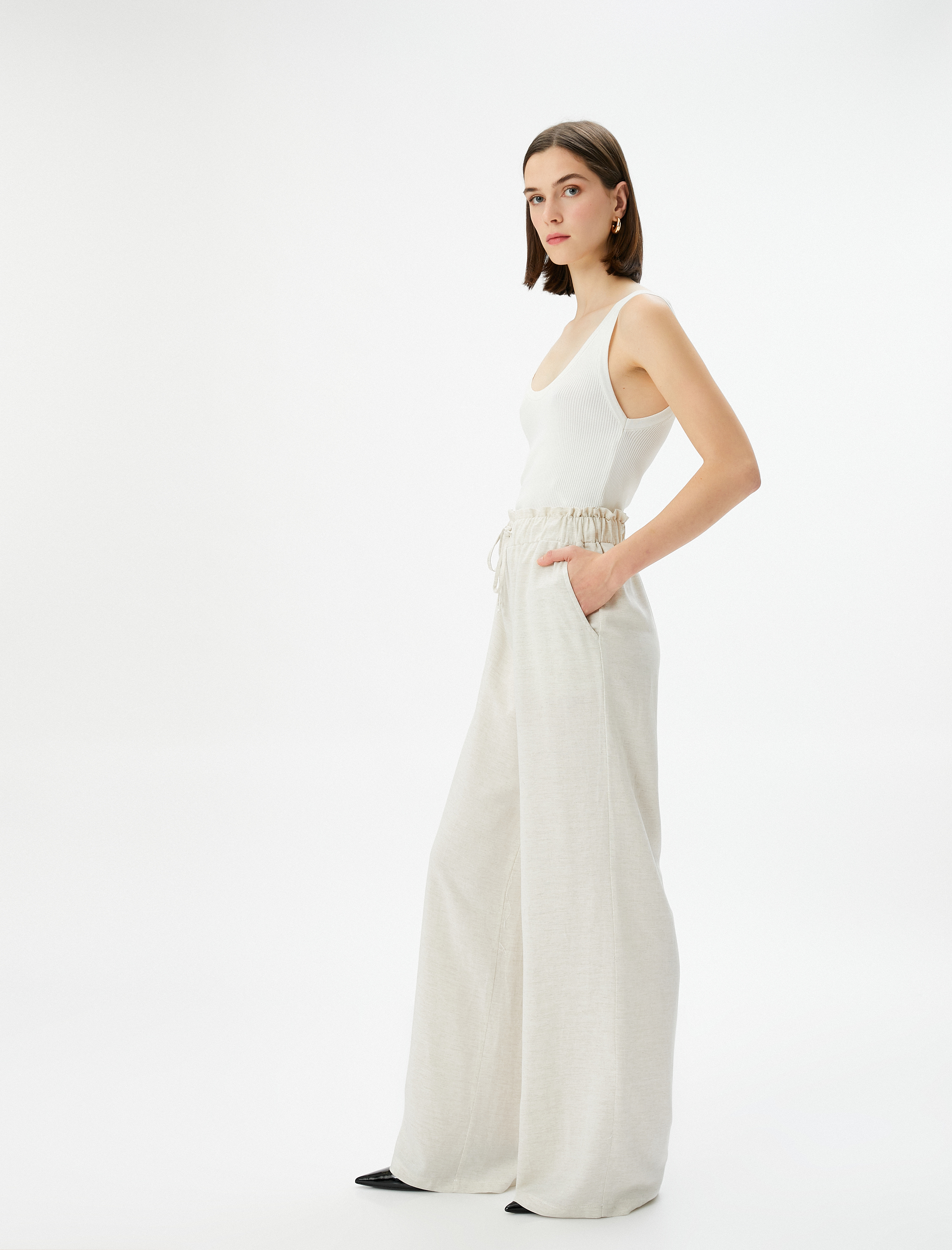   Bol Paça Pantolon Yüksek Bel Beli Bağcıklı Cepli