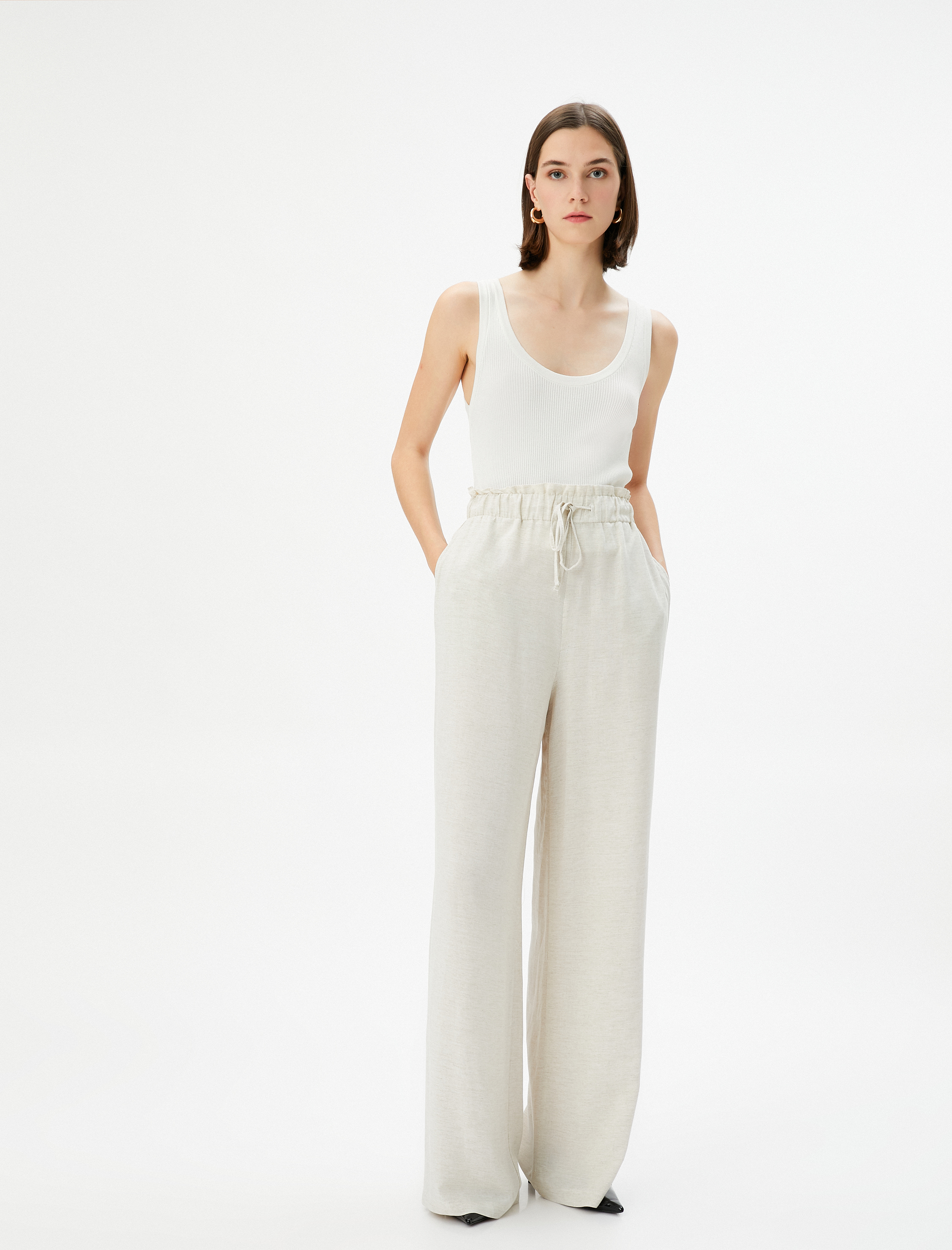   Bol Paça Pantolon Yüksek Bel Beli Bağcıklı Cepli