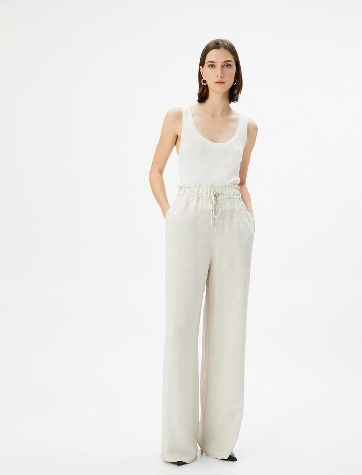  Bol Paça Pantolon Yüksek Bel Beli Bağcıklı Cepli