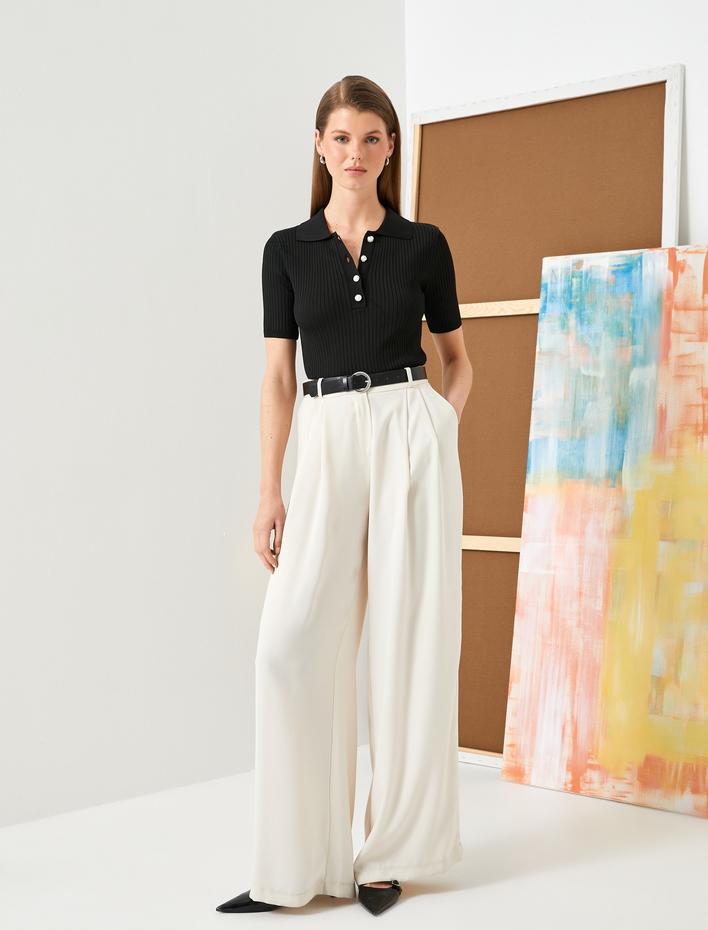  Triko Kazak Polo Yaka Kısa Kollu İnci Düğmeli