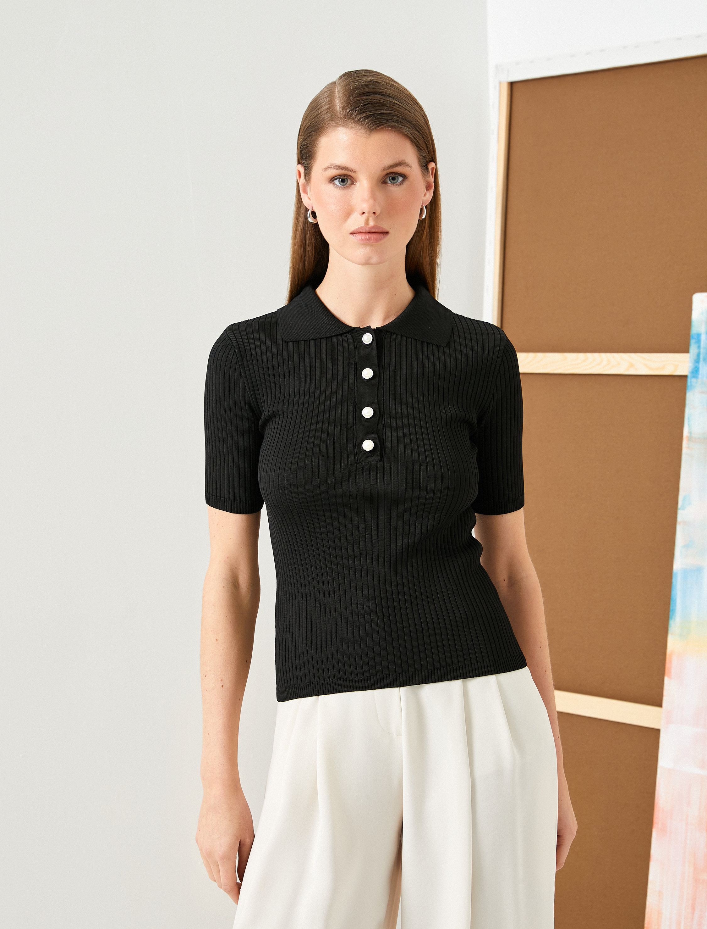   Triko Kazak Polo Yaka Kısa Kollu İnci Düğmeli