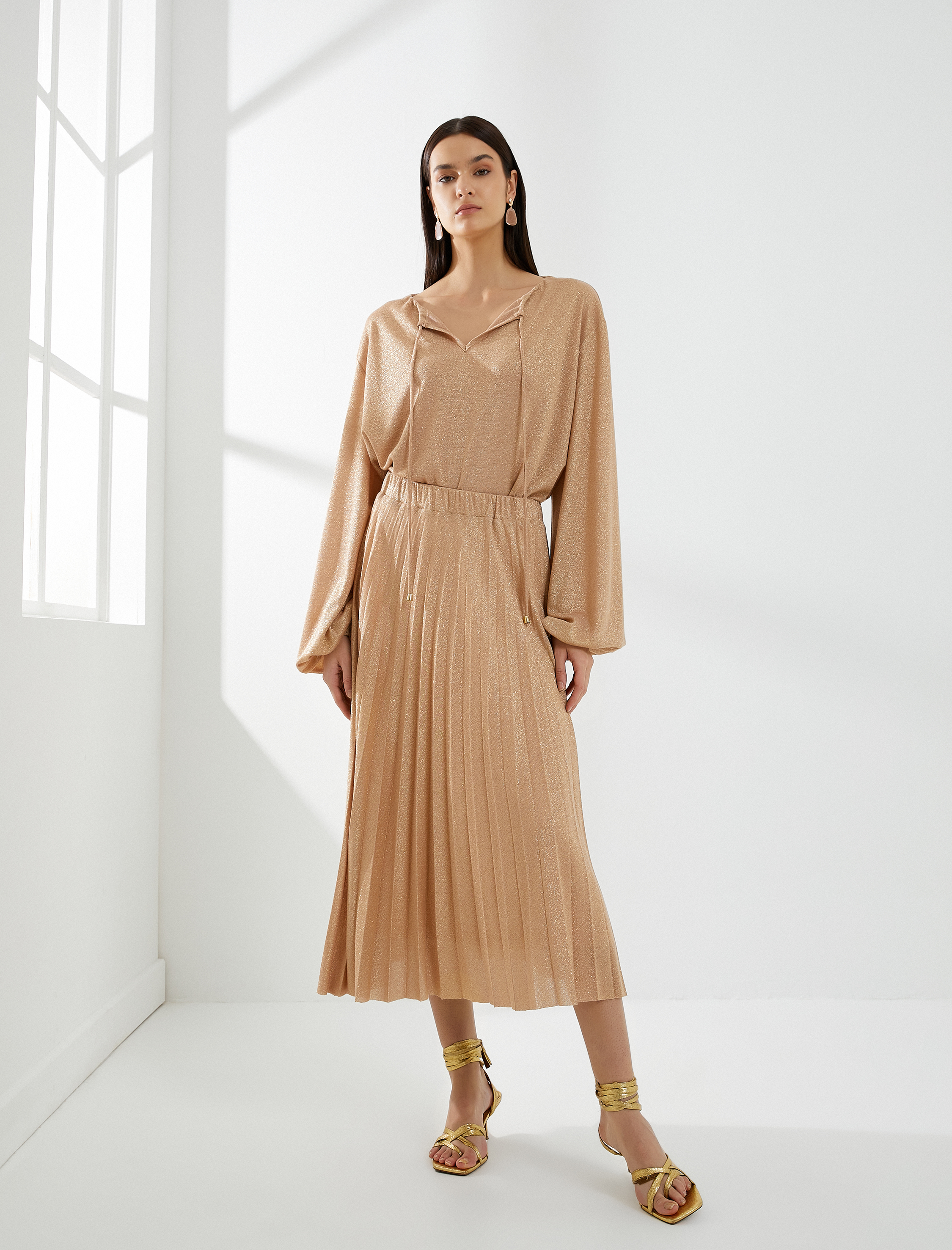   Pileli Midi Etek Simli Beli Lastikli