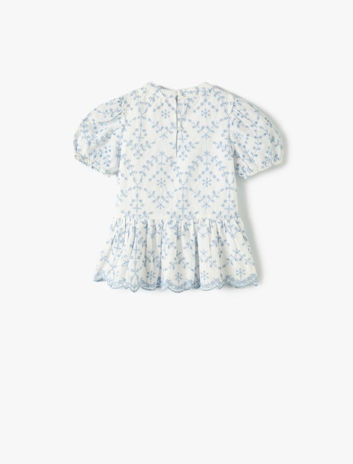 Kız Çocuk Bluz Çiçek İşlemeli Fırfırlı Uzun Kollu Pamuklu