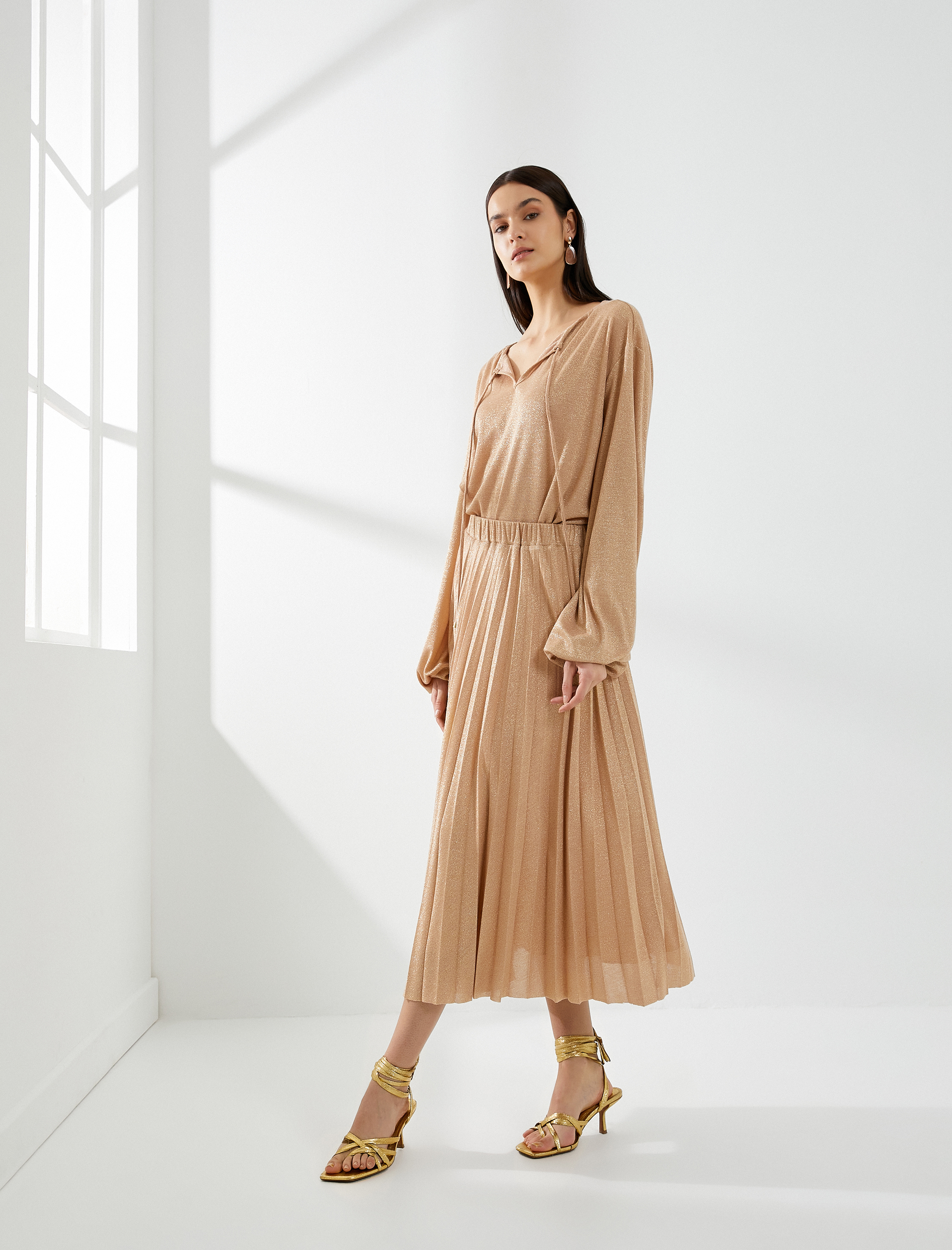   Pileli Midi Etek Simli Beli Lastikli