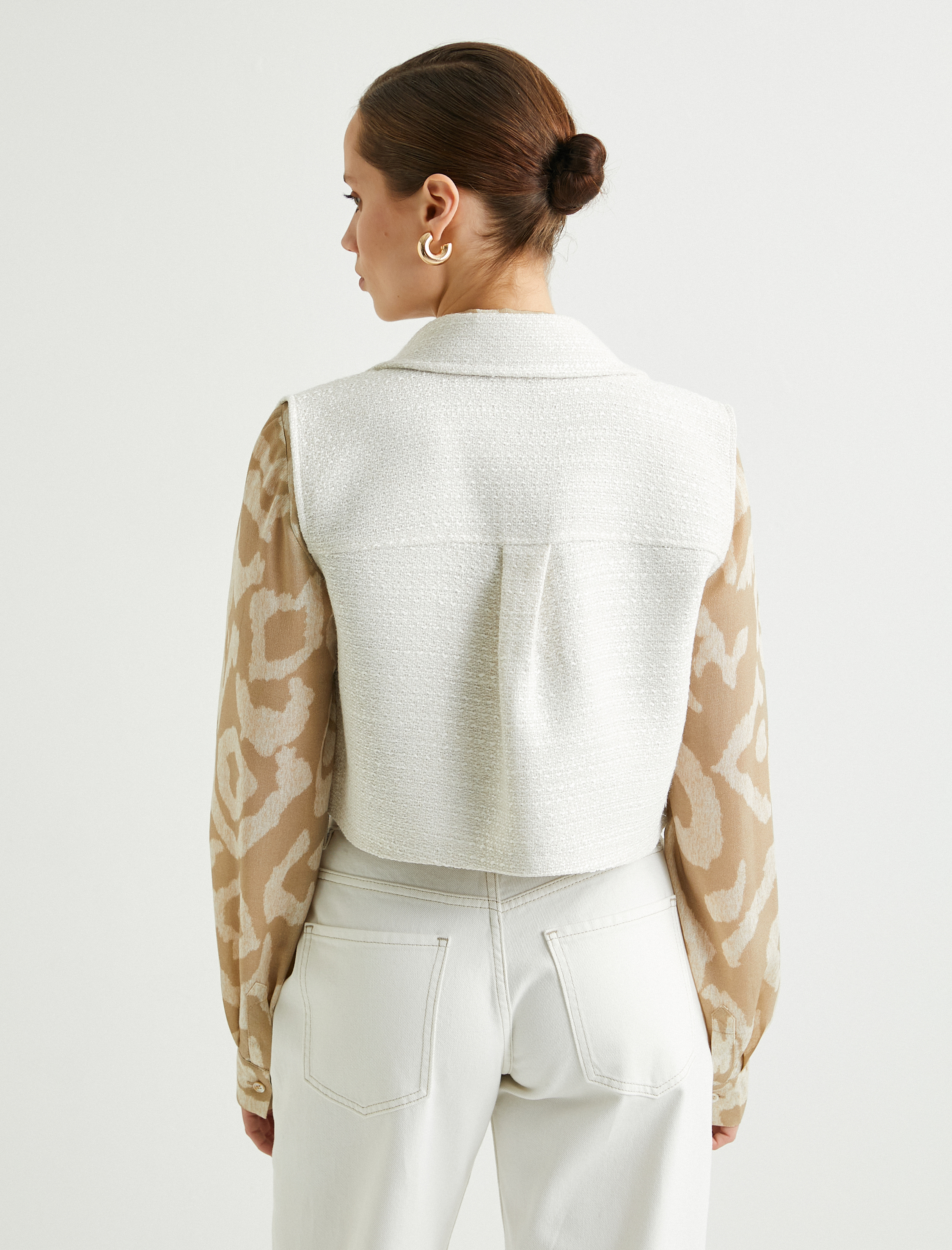   Crop Tüvit Yelek Cep Detaylı Gold Düğmeli