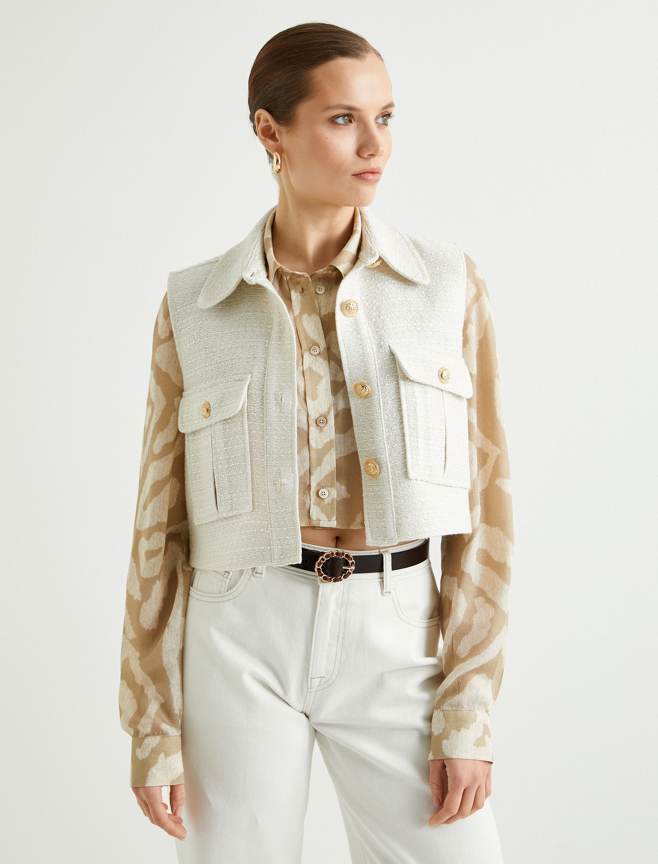   Crop Tüvit Yelek Cep Detaylı Gold Düğmeli