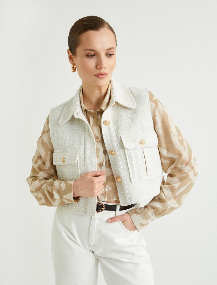  Crop Tüvit Yelek Cep Detaylı Gold Düğmeli