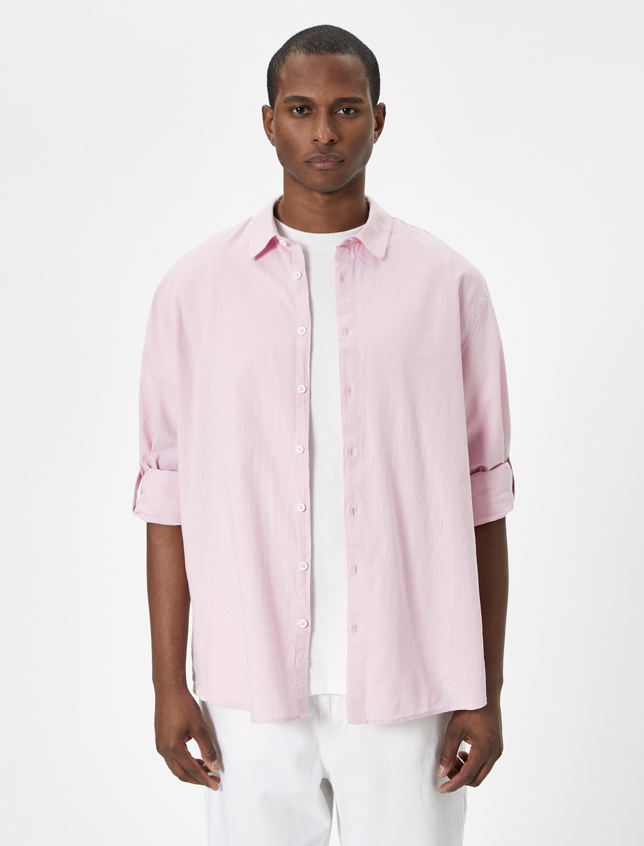   Keten Görünümlü Gömlek Kol Detaylı Düğmeli Uzun Kollu Regular Fit