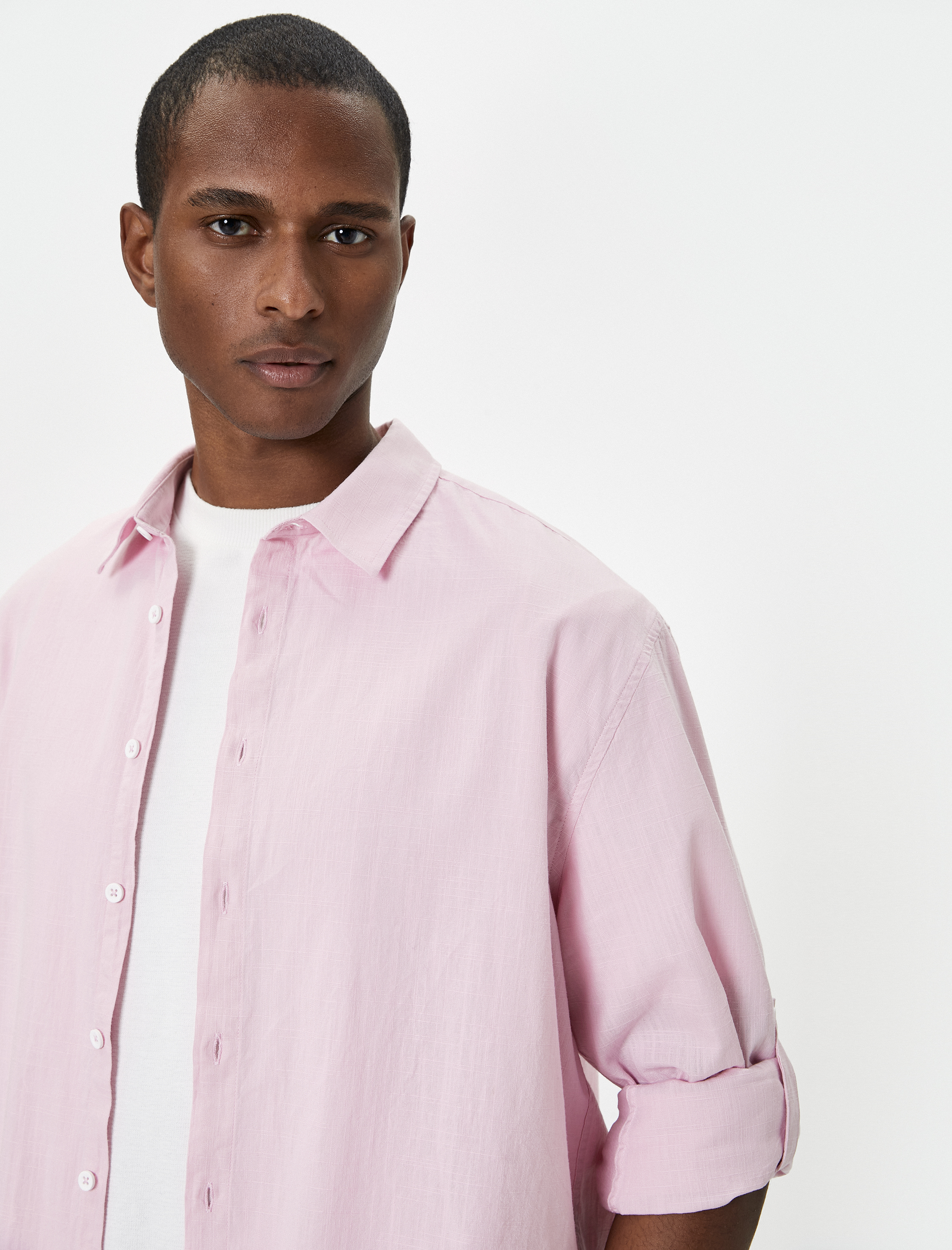   Keten Görünümlü Gömlek Kol Detaylı Düğmeli Uzun Kollu Regular Fit