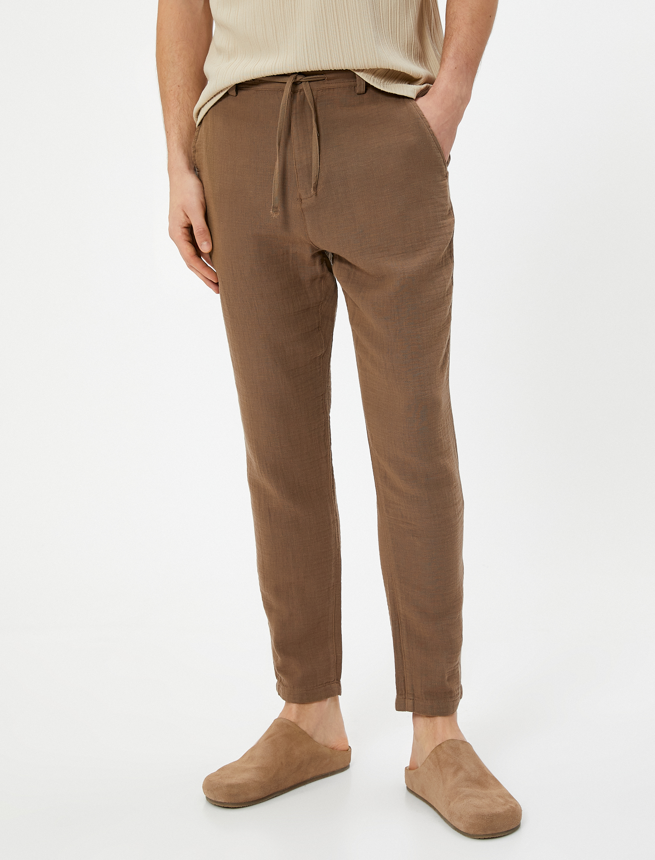   Yazlık Müslin Pantolon Dar Paça Beli Bağcıklı Cep Detaylı Düğmeli