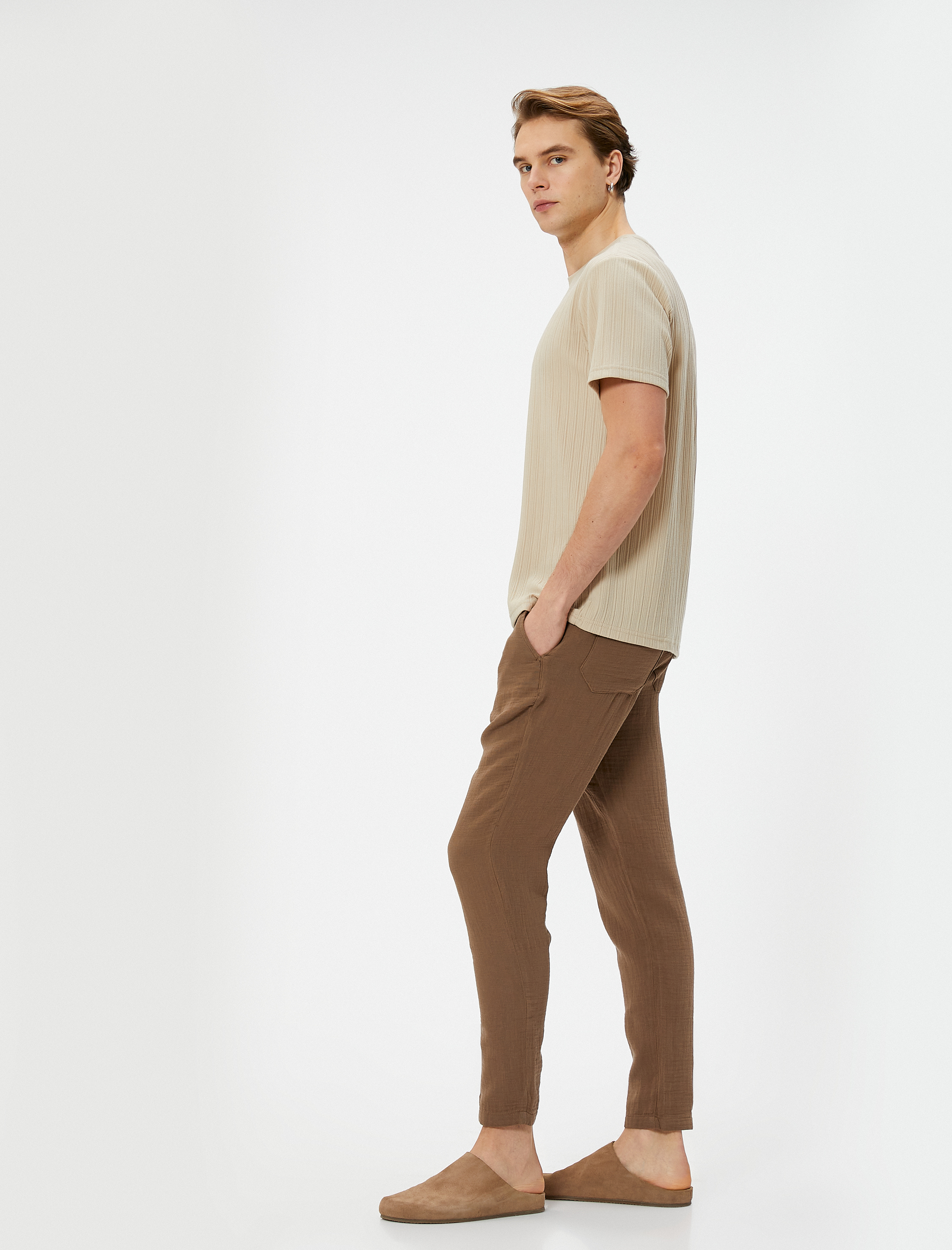   Yazlık Müslin Pantolon Dar Paça Beli Bağcıklı Cep Detaylı Düğmeli