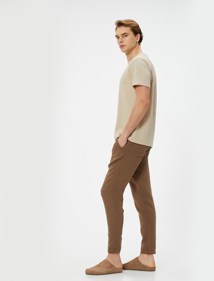  Yazlık Müslin Pantolon Dar Paça Beli Bağcıklı Cep Detaylı Düğmeli