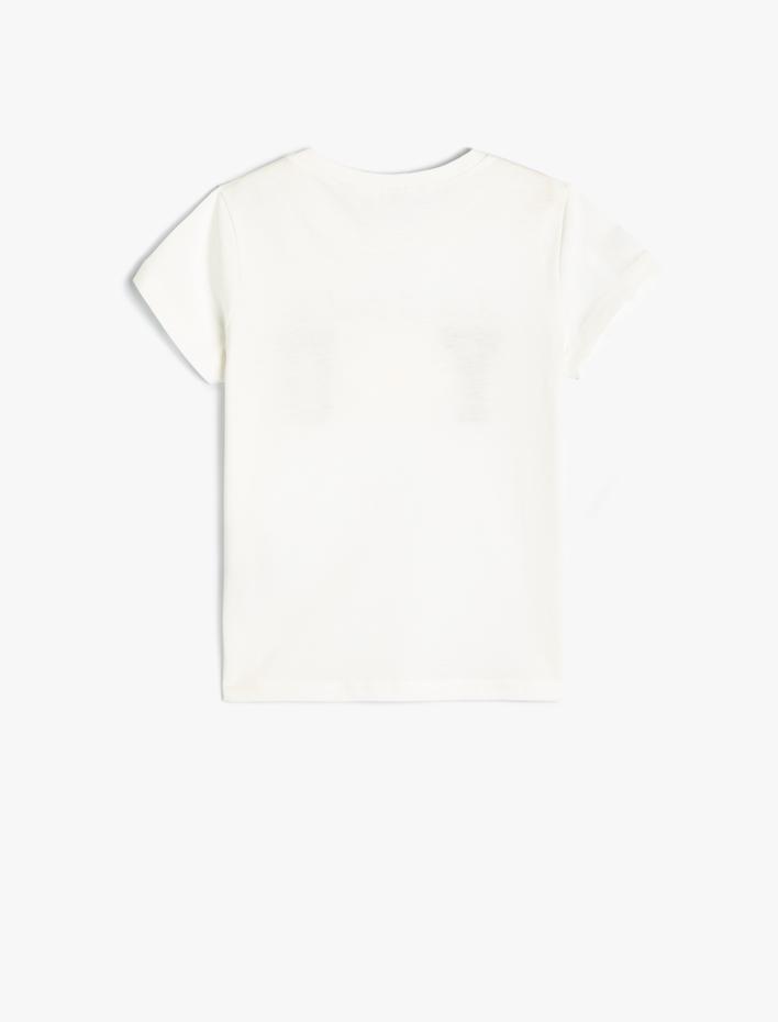 Kız Çocuk Bisiklet Yaka Tişört Nakış İşlemeli Sloganlı Kısa Kollu