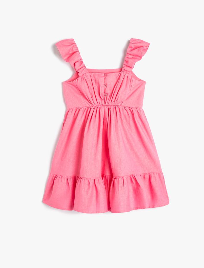 Kız Çocuk Parti Elbisesi Kolsuz Pencere Detaylı Kare Yaka Keten Karışımlı