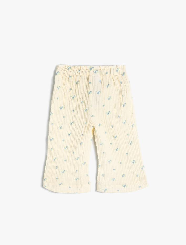 Kız Bebek Çiçekli Pantolon Geniş Paça Beli Lastikli Pamuklu Rahat Kalıp