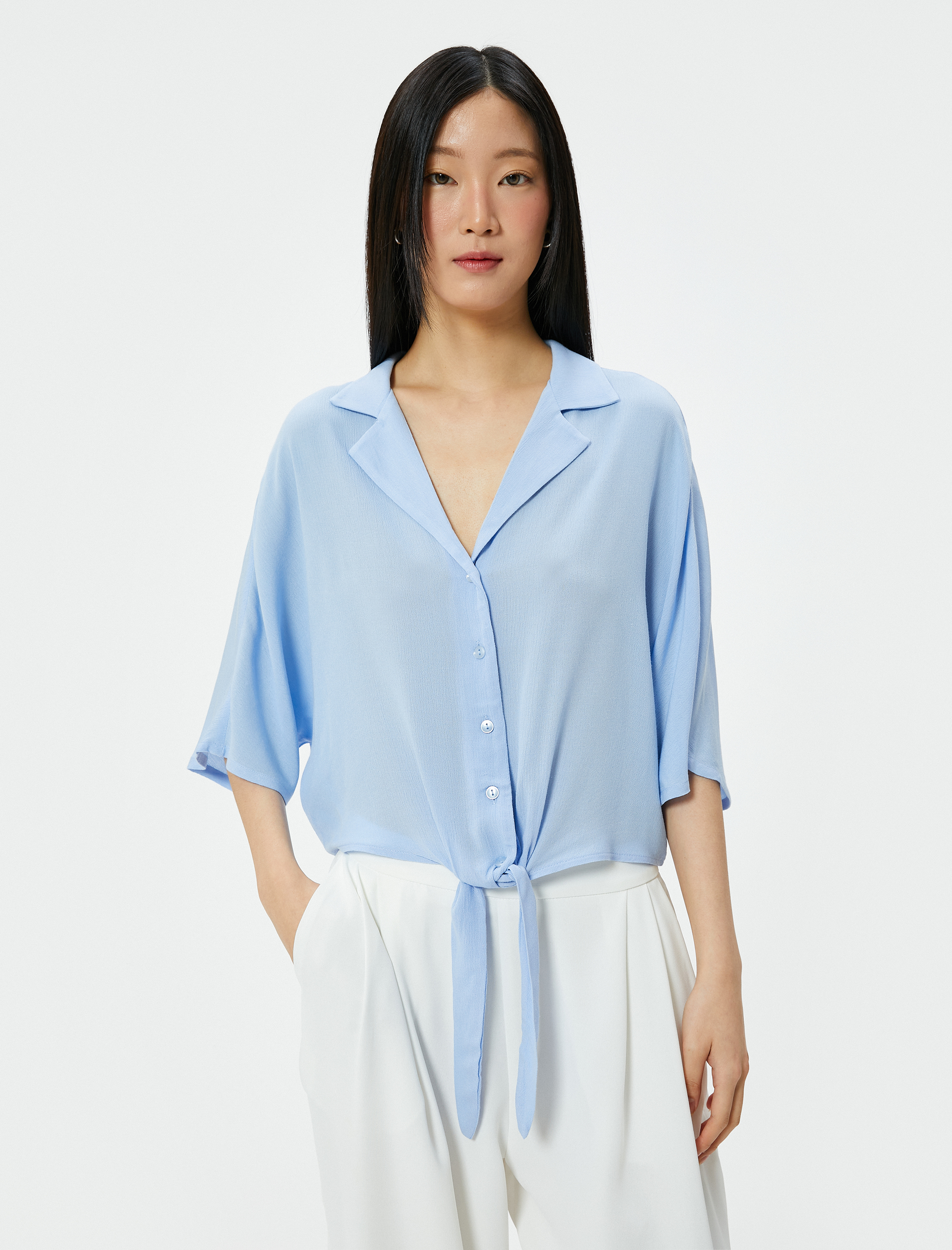   Önden Bağlamalı Gömlek Yarım Kollu Viskon