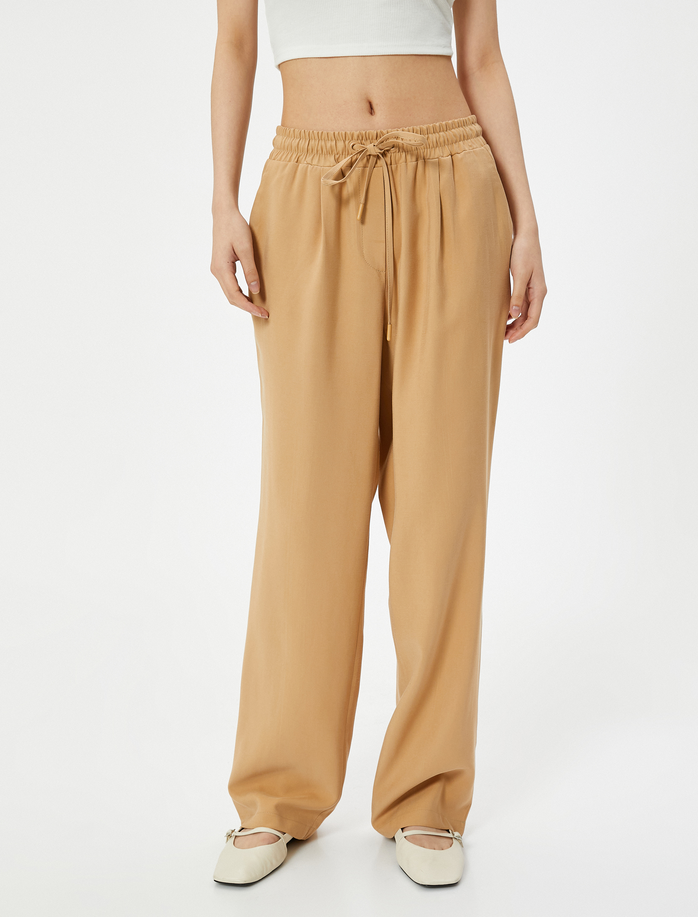   Bol Paça Pantolon Viskoz Kumaş Beli Bağlamalı Cepli