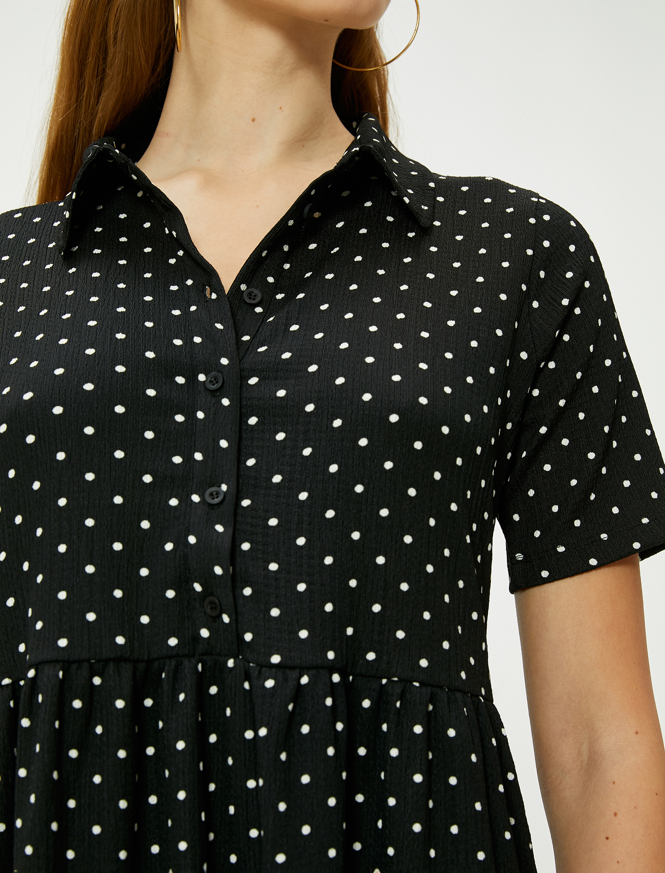   Puantiyeli Mini Gömlek Elbise Kısa Kollu Bürümcük