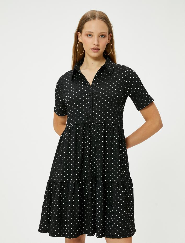  Puantiyeli Mini Gömlek Elbise Kısa Kollu Bürümcük