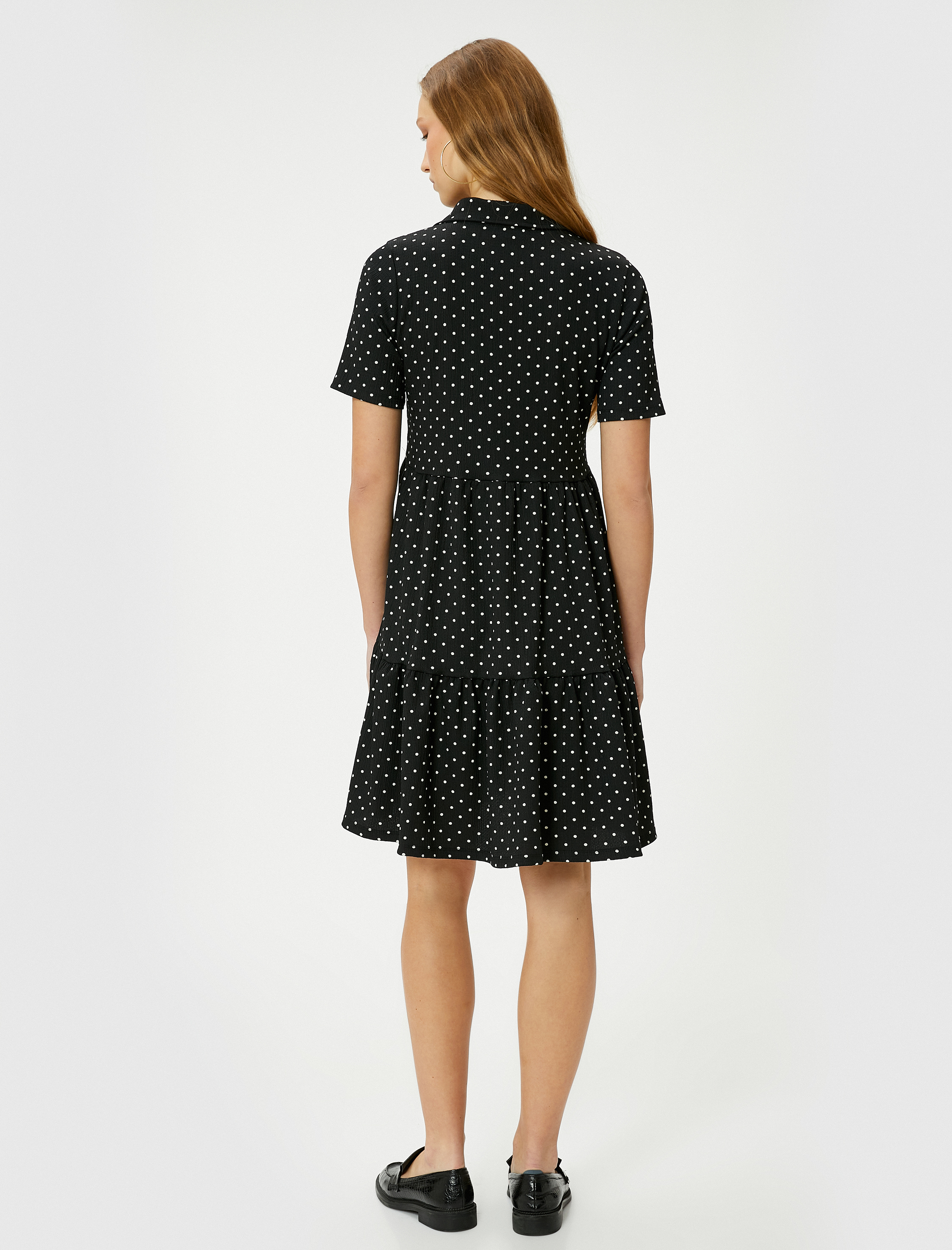   Puantiyeli Mini Gömlek Elbise Kısa Kollu Bürümcük