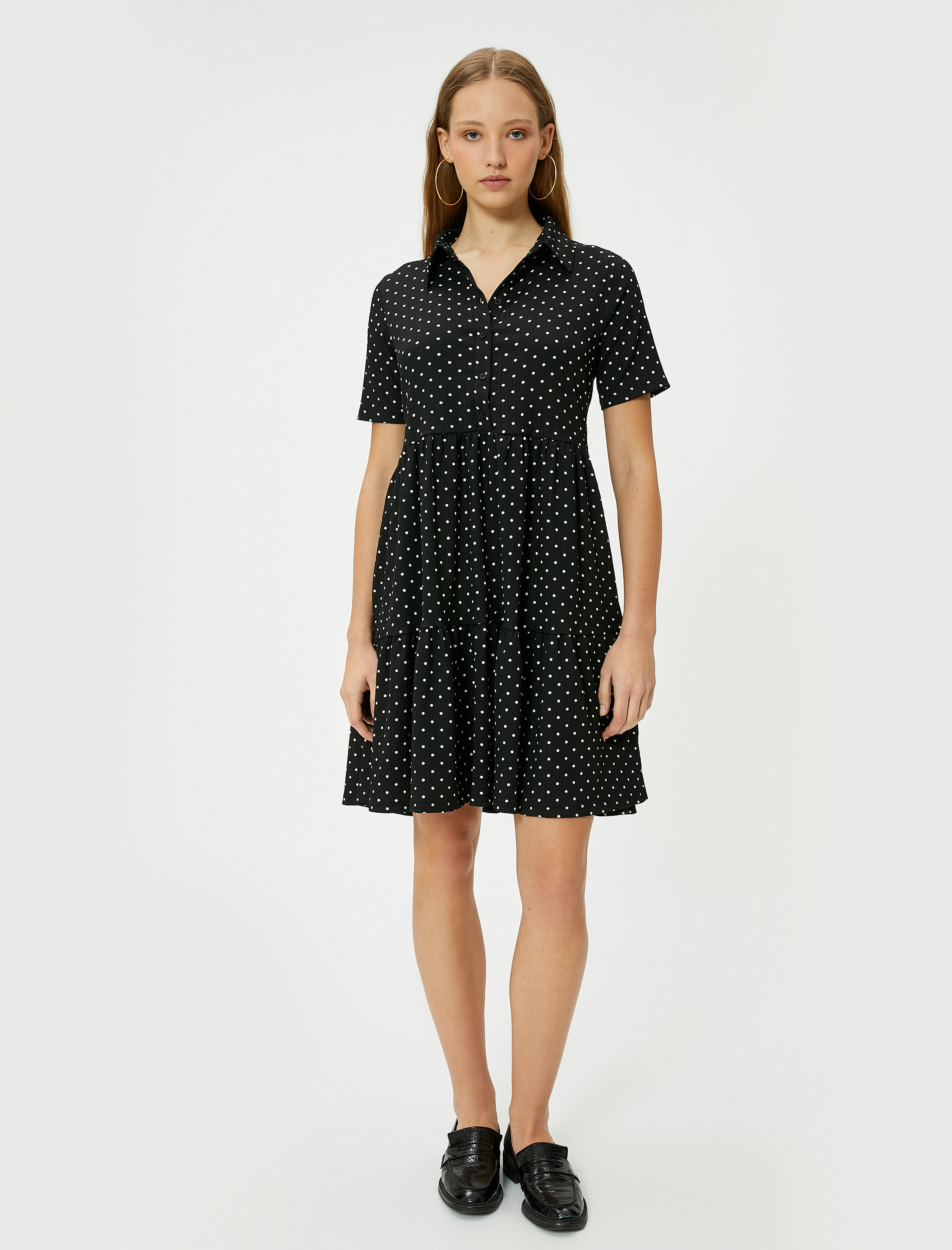   Puantiyeli Mini Gömlek Elbise Kısa Kollu Bürümcük