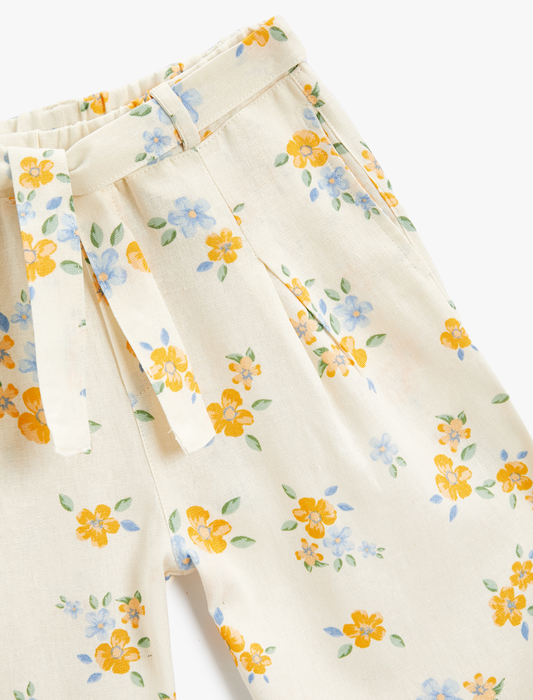  Kız Çocuk Keten İspanyol Paça Pantolon Çiçekli Beli Kemerli