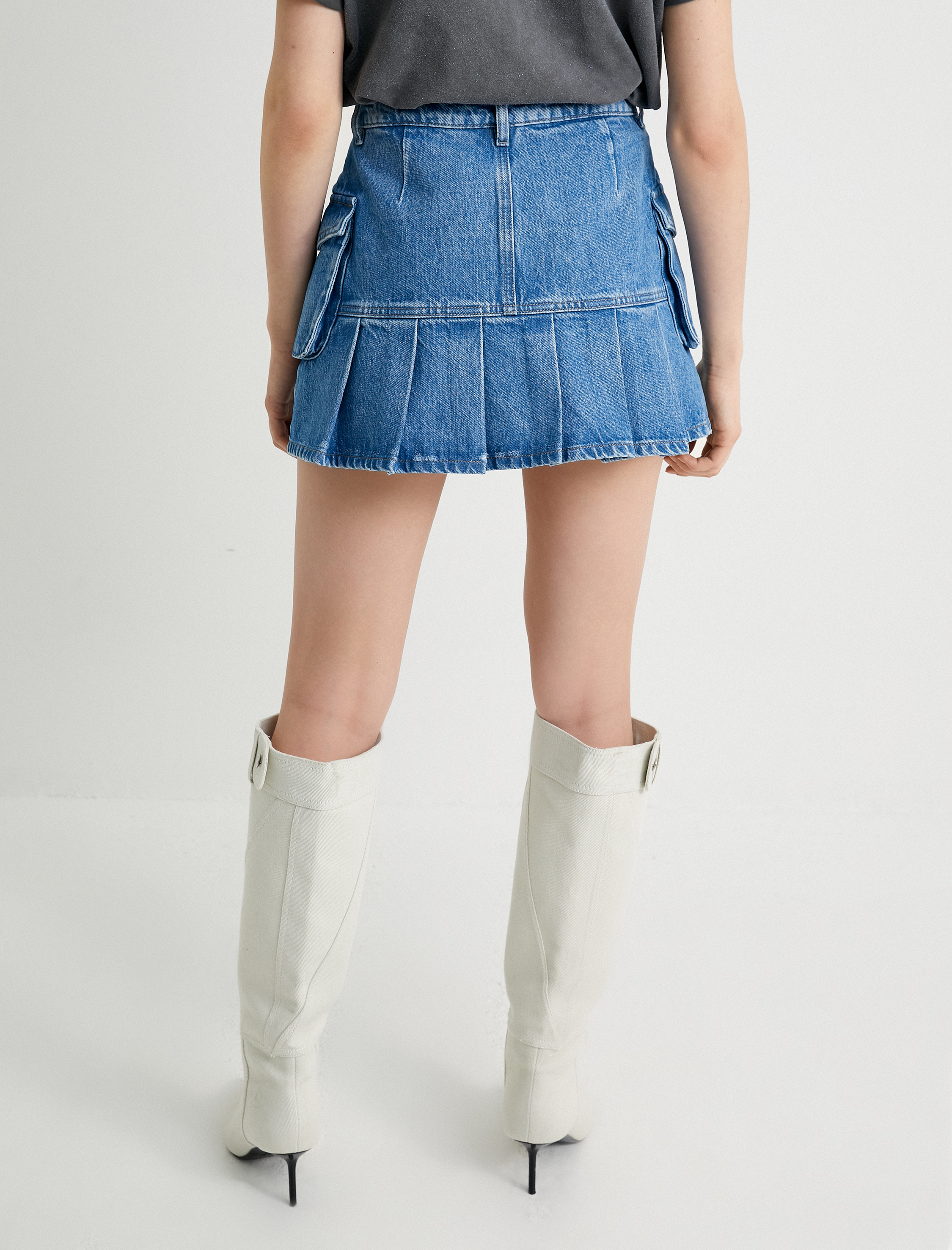 Mini Pileli Kot Etek Yandan Kargo Cepli Rahat Kalıp