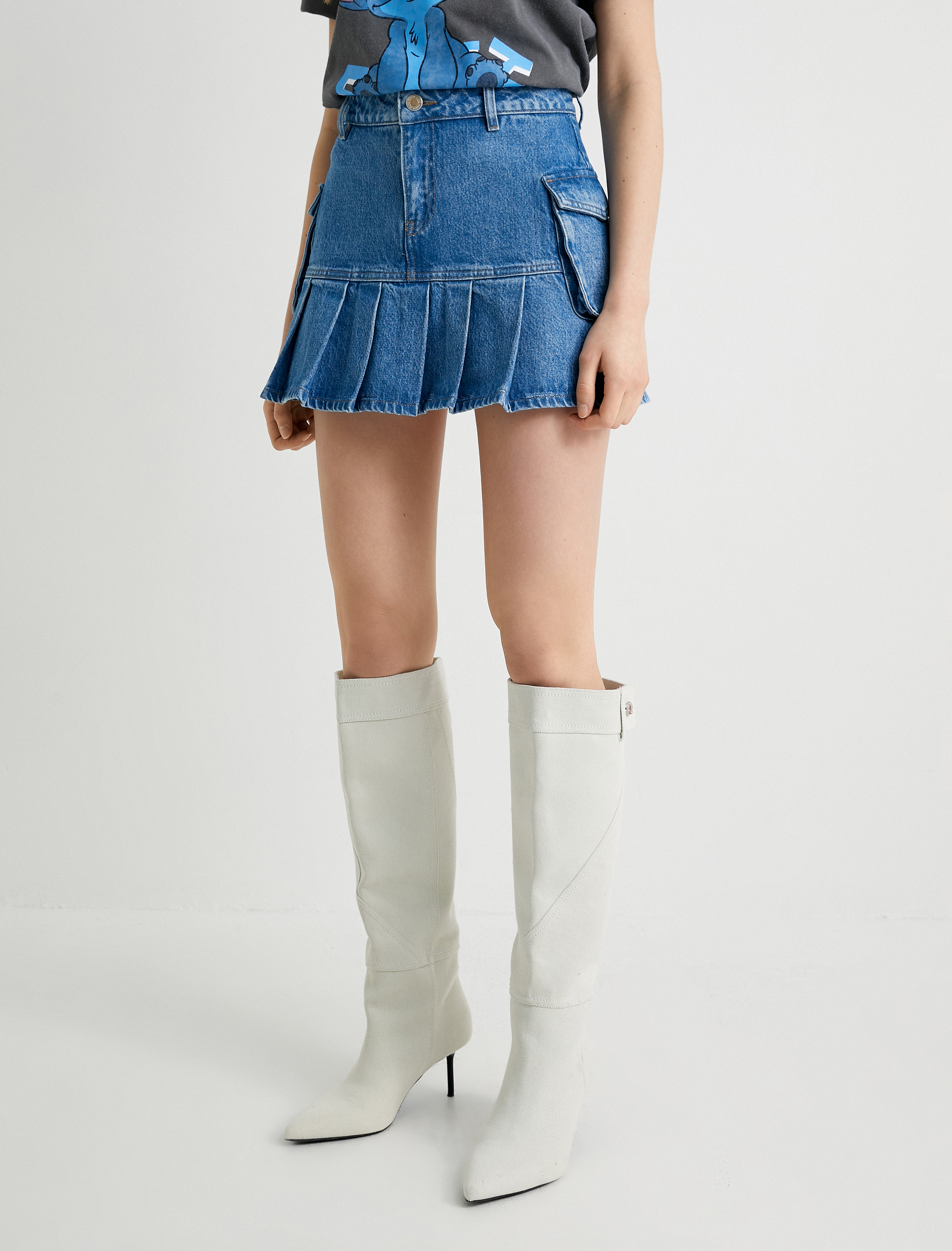 Mini Pileli Kot Etek Yandan Kargo Cepli Rahat Kalıp