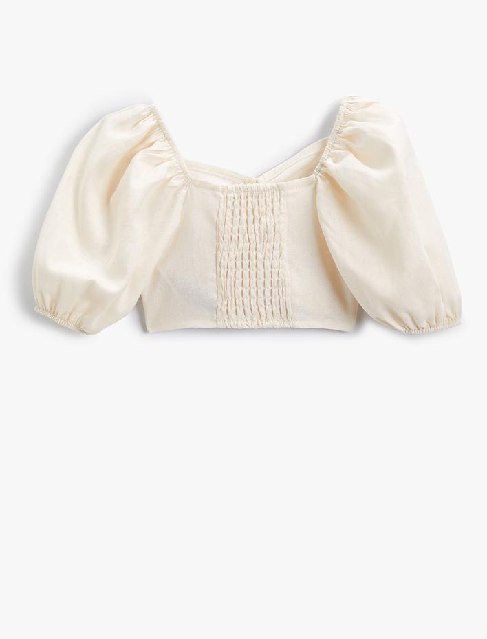 Kız Çocuk Crop Bluz Keten Karışımlı Balon Kollu Büzgü Detaylı