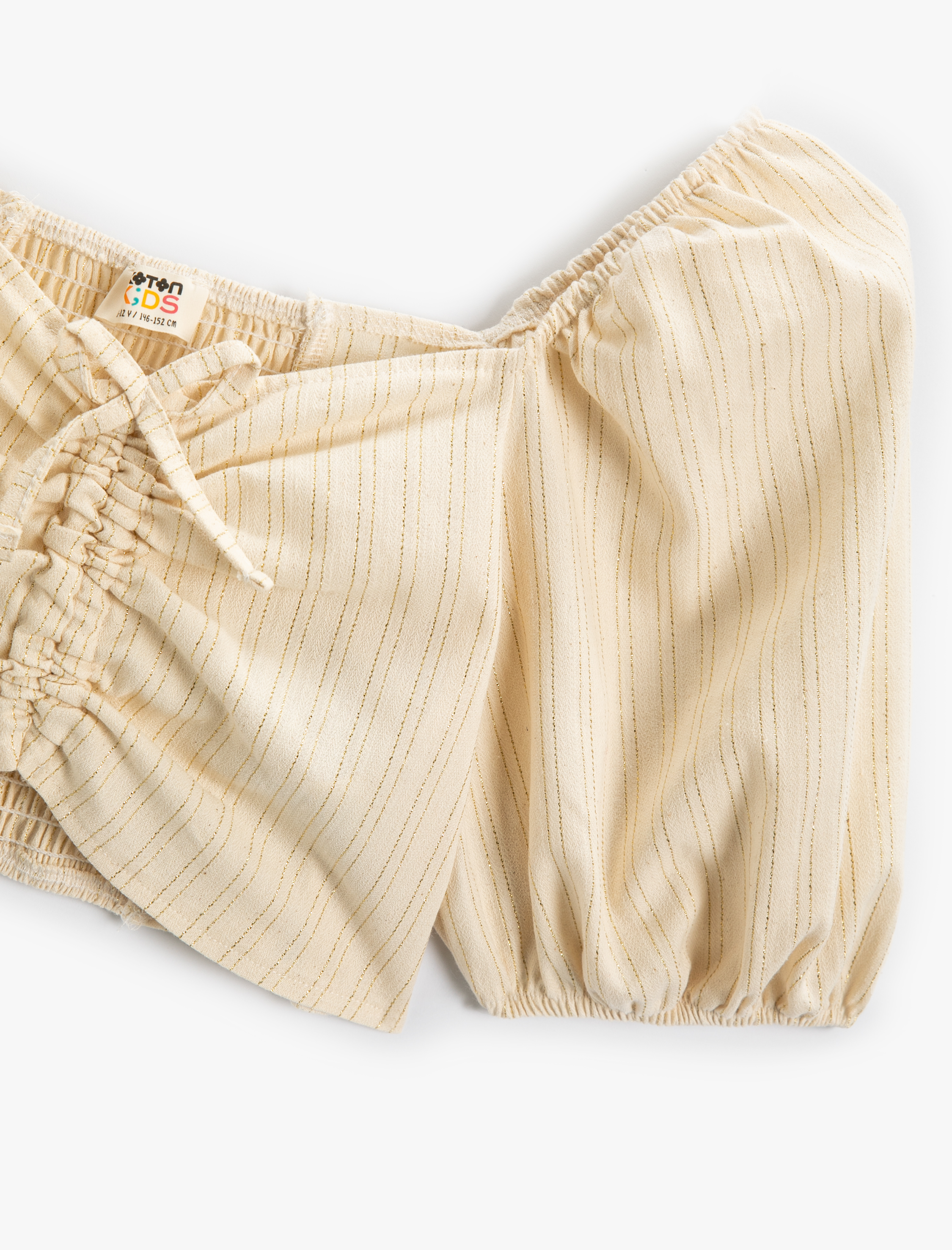  Kız Çocuk Crop Bluz Fiyonklu Balon Kollu Büzgü Detaylı