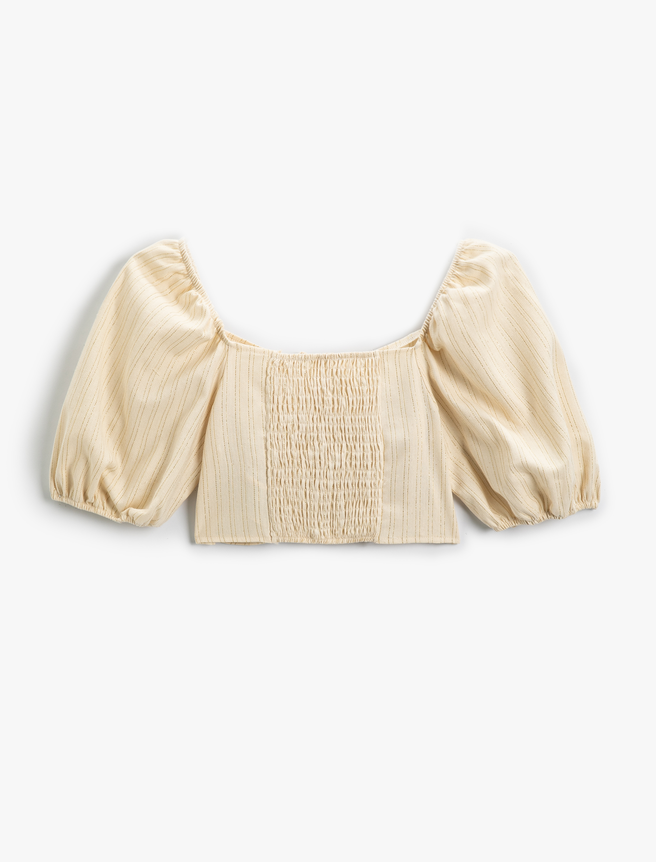  Kız Çocuk Crop Bluz Fiyonklu Balon Kollu Büzgü Detaylı