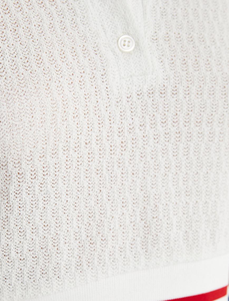   Crop Polo Yaka Triko Tişört  Düğmeli Çizgi Detaylı