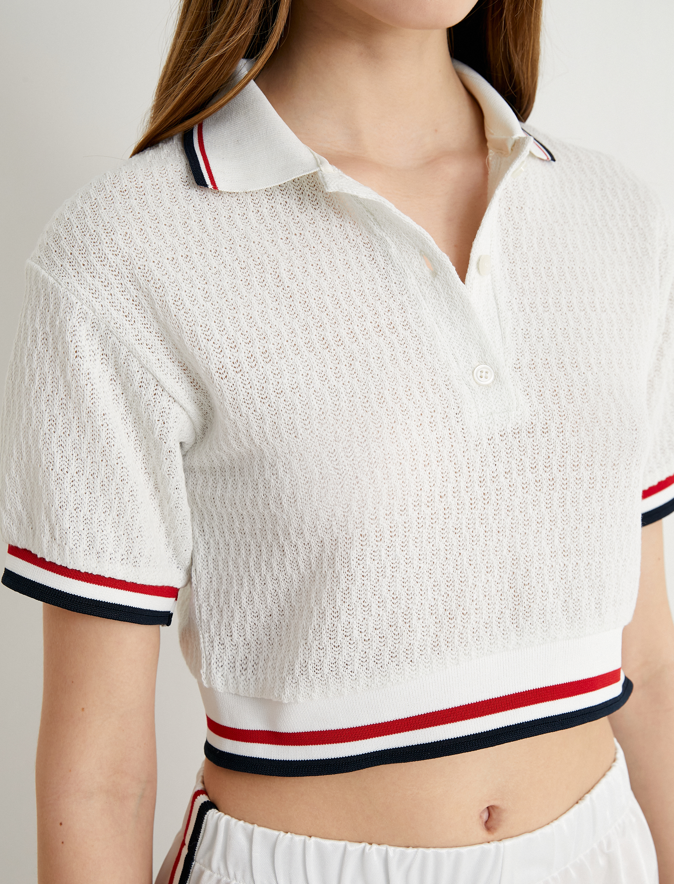 Crop Polo Yaka Triko Tişört  Düğmeli Çizgi Detaylı