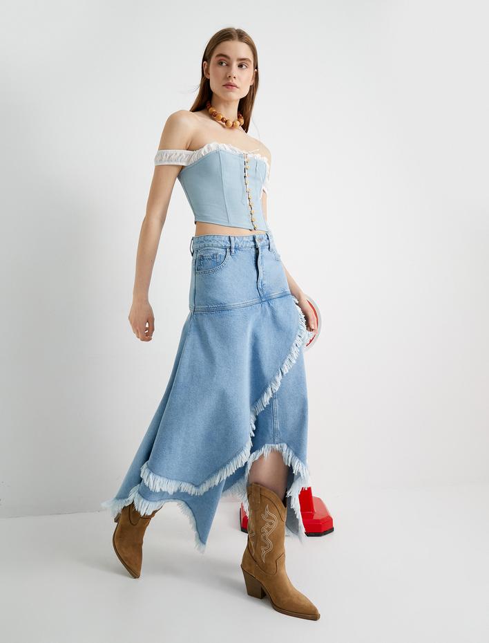  Asimetrik Midi Kot Etek Katlı Püsküllü Standart Bel Cepli