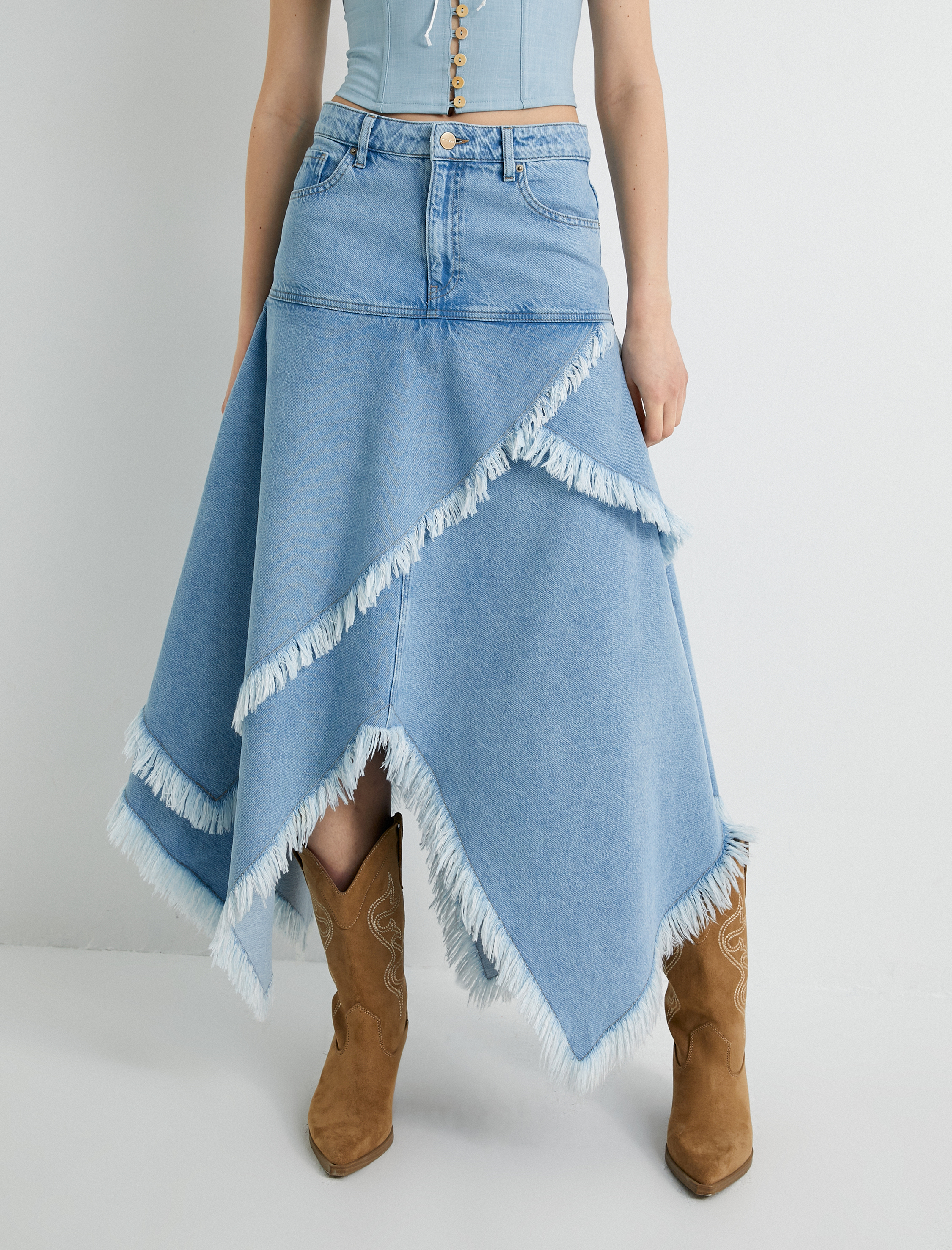   Asimetrik Midi Kot Etek Katlı Püsküllü Standart Bel Cepli