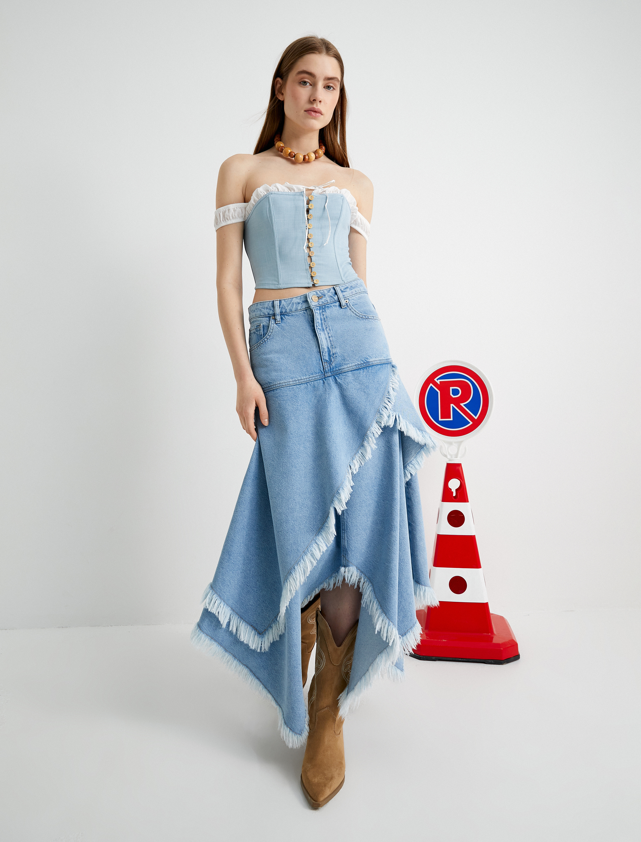   Asimetrik Midi Kot Etek Katlı Püsküllü Standart Bel Cepli