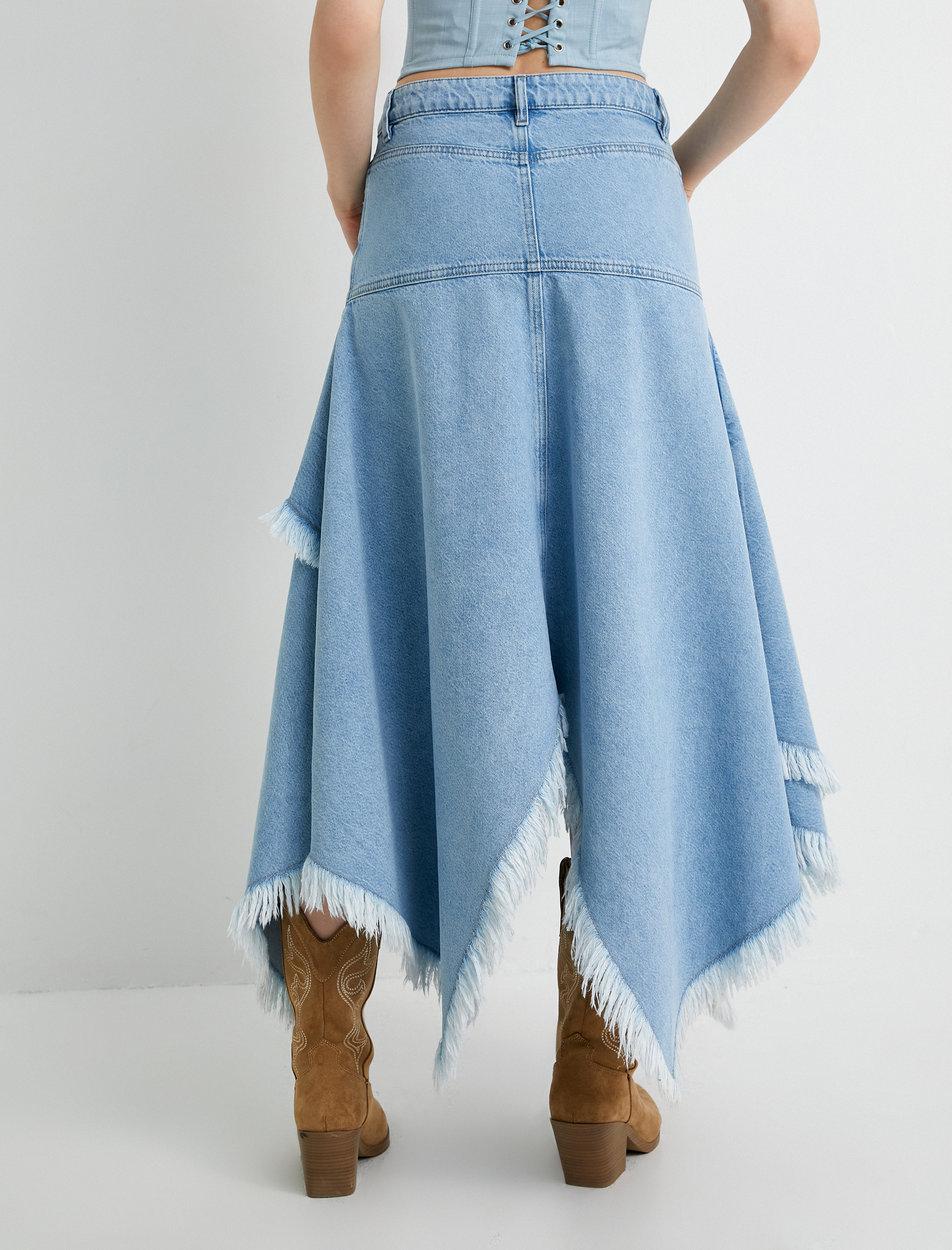   Asimetrik Midi Kot Etek Katlı Püsküllü Standart Bel Cepli