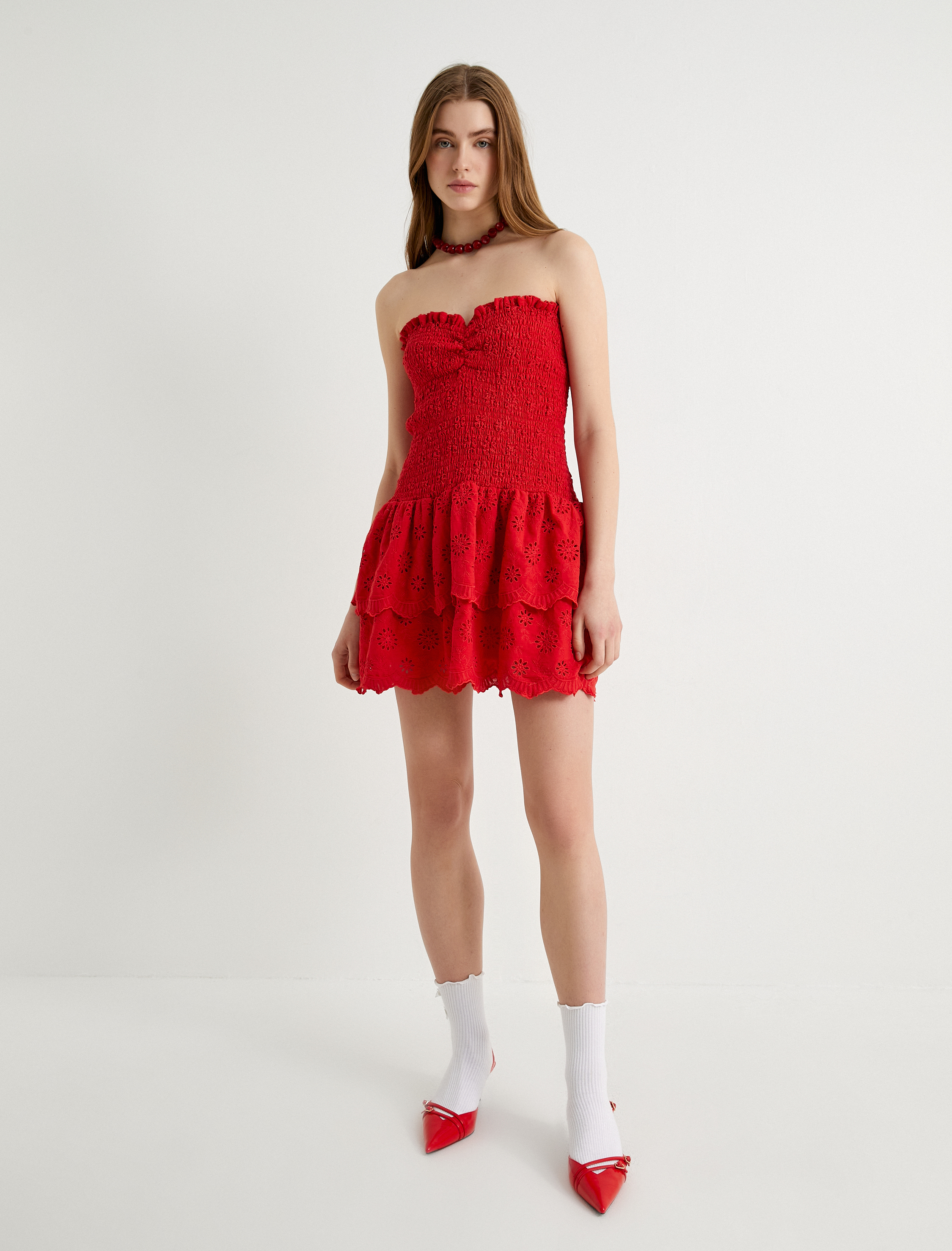   Fistolu Straplez Elbise Mini Boy Kalp Yaka Gipeli