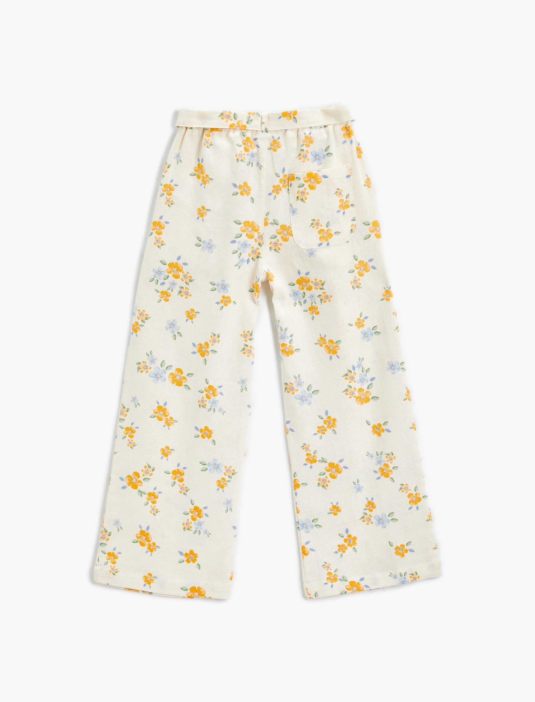  Kız Çocuk Keten İspanyol Paça Pantolon Çiçekli Beli Kemerli