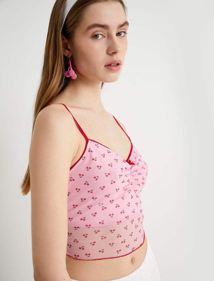  Kiraz Baskılı Crop Top Tül  İnce Askılı