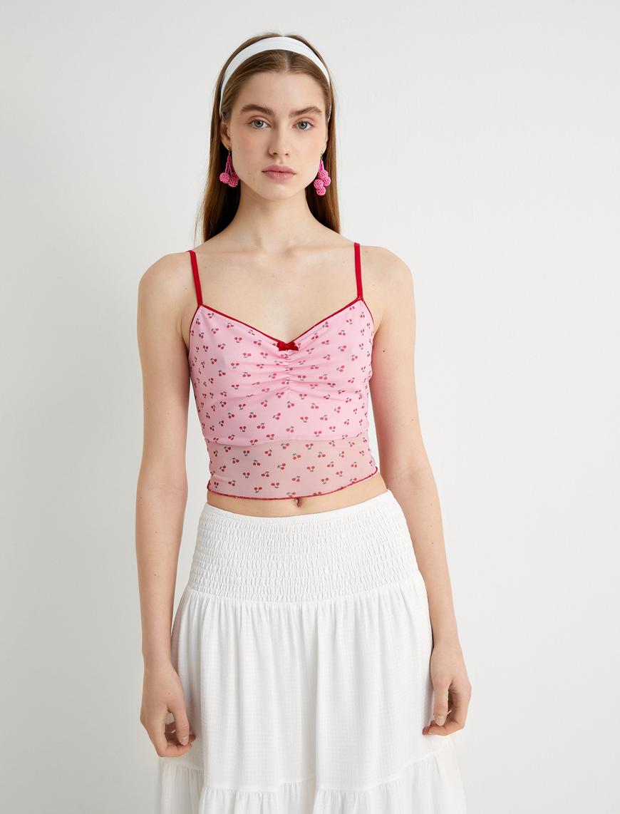   Kiraz Baskılı Crop Top Tül  İnce Askılı