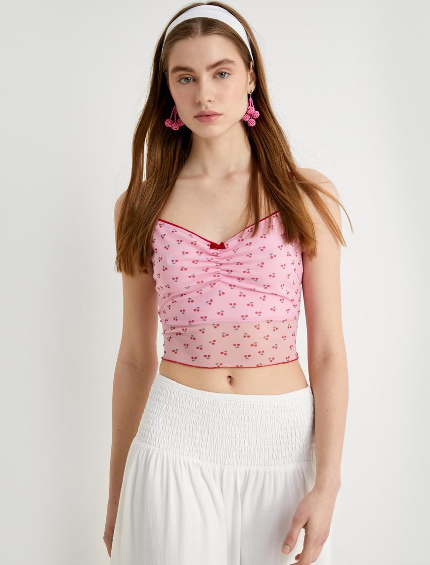   Kiraz Baskılı Crop Top Tül  İnce Askılı