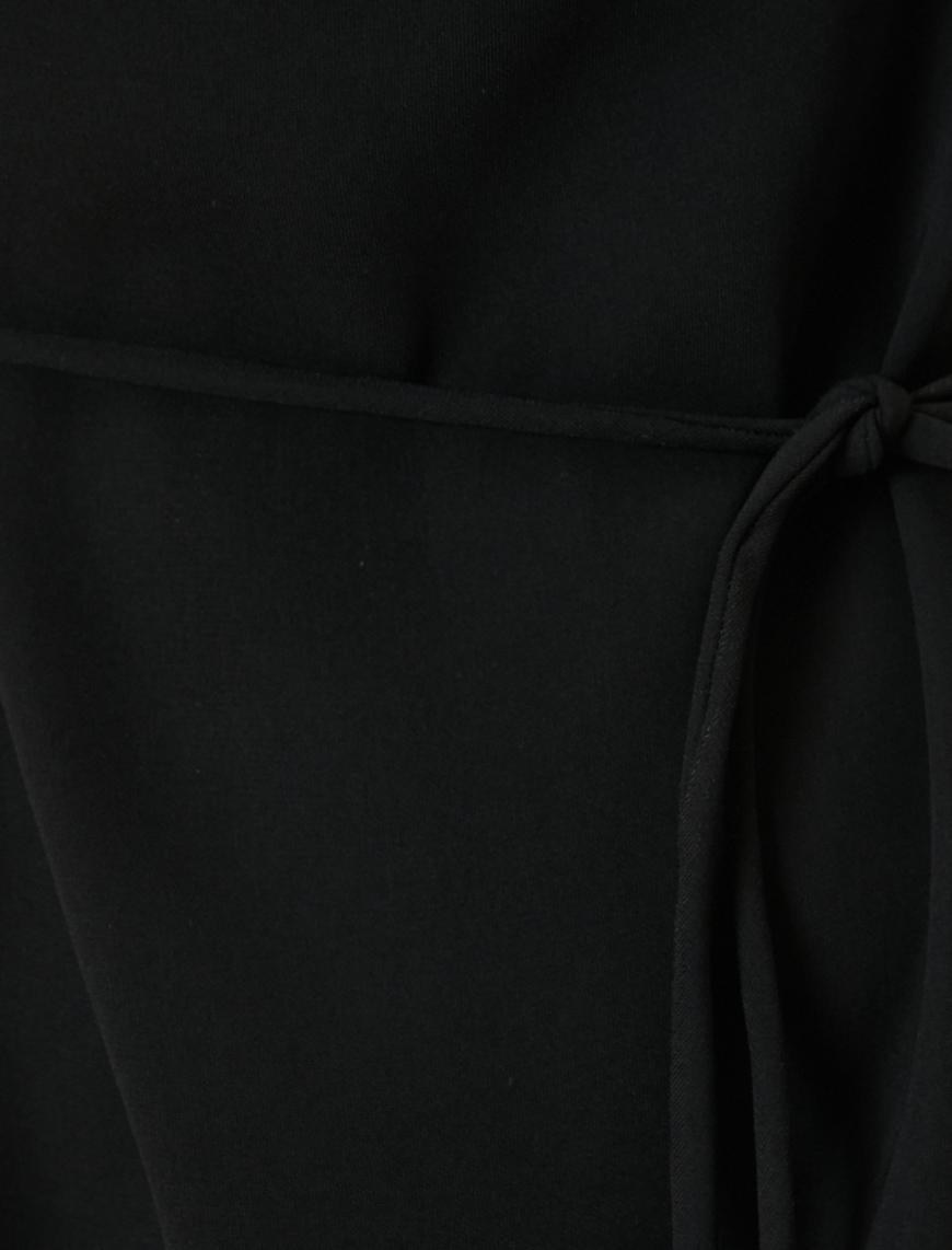   Midi Elbise Drapeli Dik Yaka Kısa Kollu Beli Bağlamalı