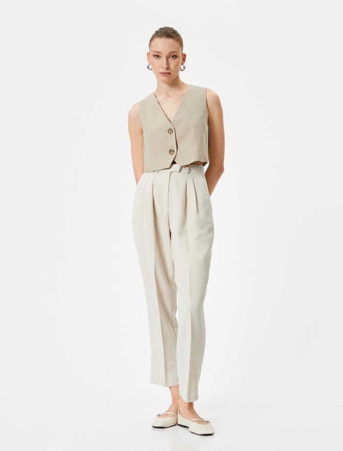  Havuç Pantolon Kemer Detaylı Yüksek Bel Pileli Modal Karışımlı