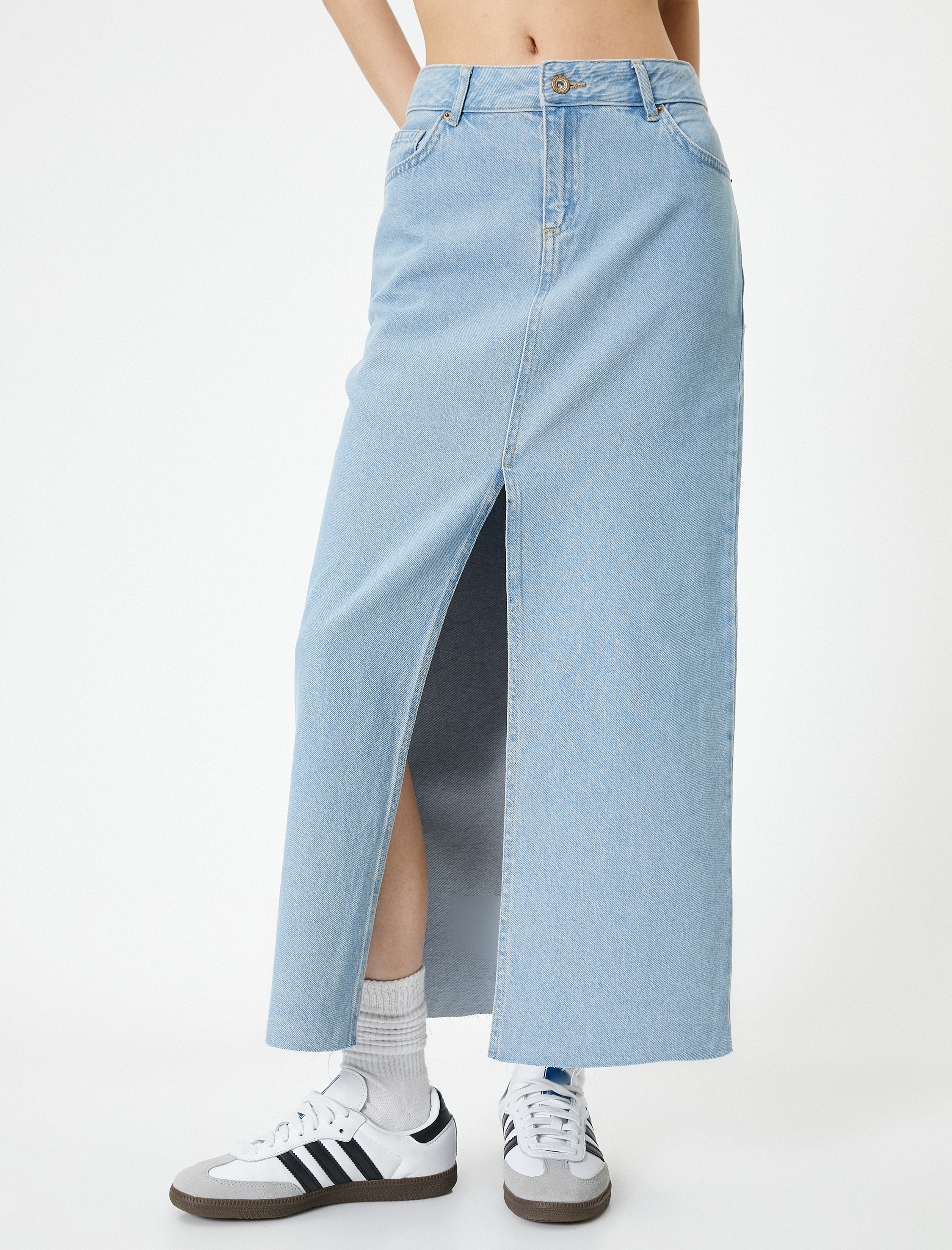   Uzun Kot Etek Önden Yırtmaç Detaylı Yüksek Bel Cepli Rahat Kalıp