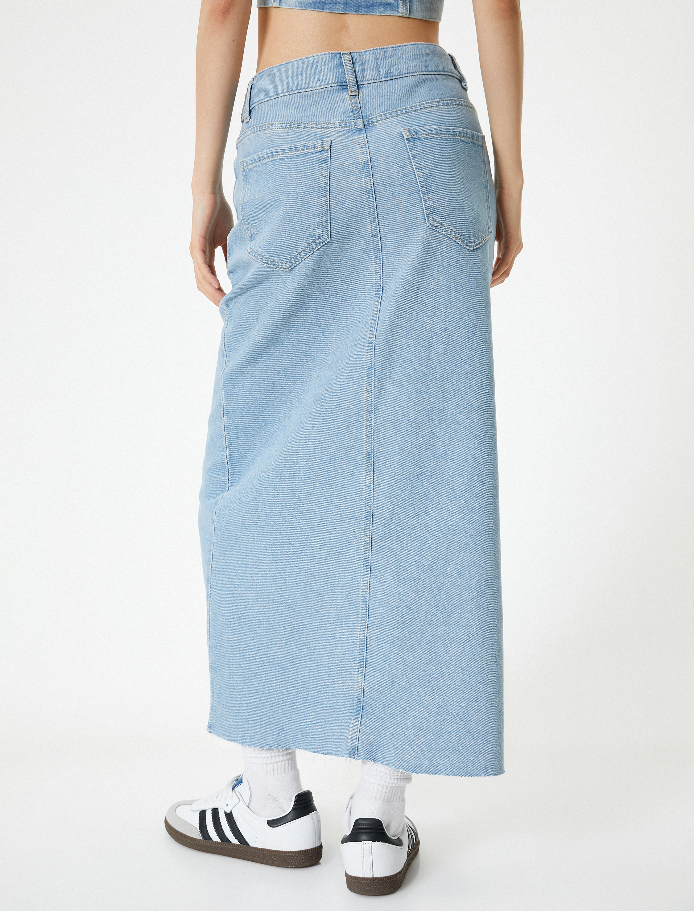   Uzun Kot Etek Önden Yırtmaç Detaylı Yüksek Bel Cepli Rahat Kalıp