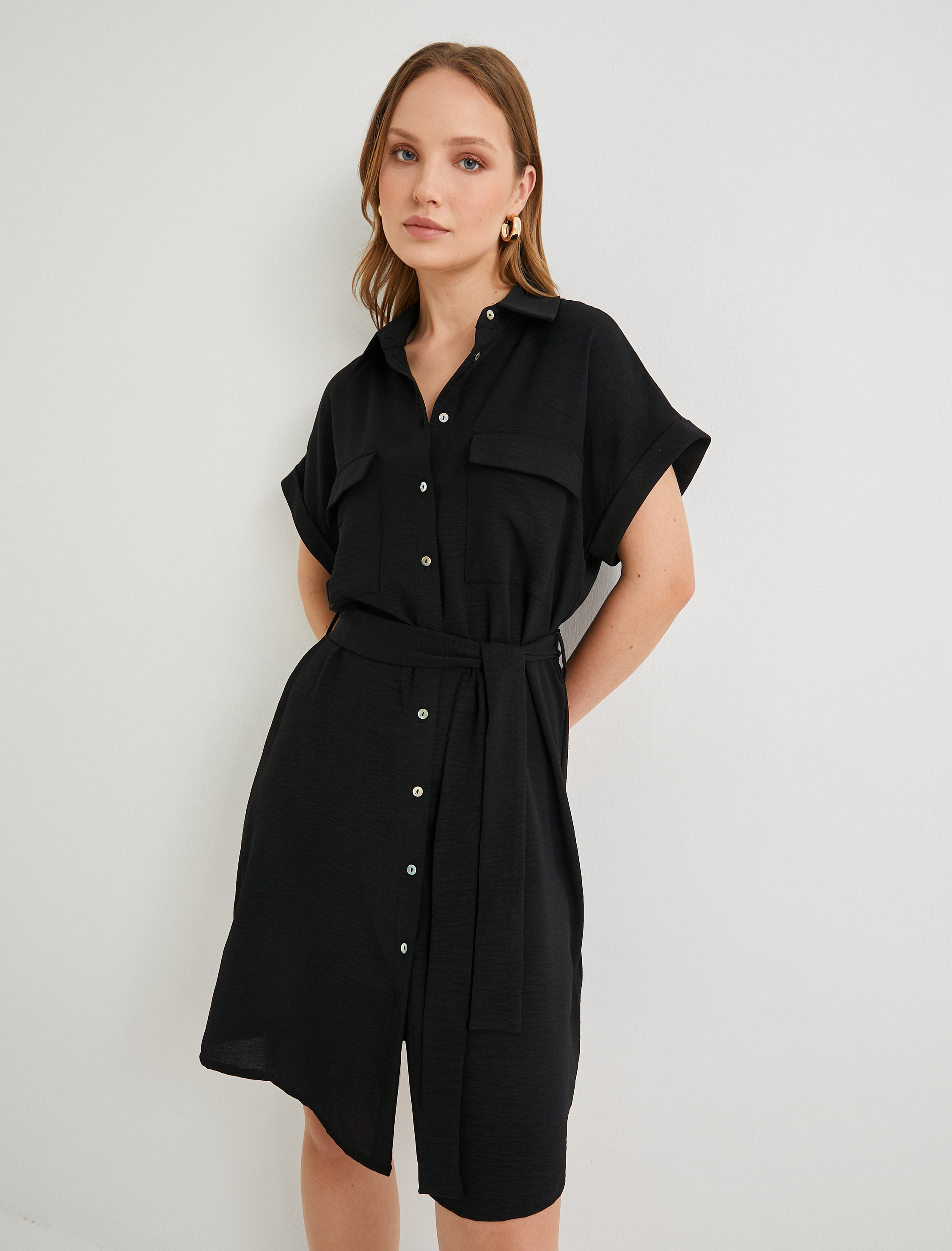   Gömlek Elbise Beli Kuşaklı Düğmeli Cepli