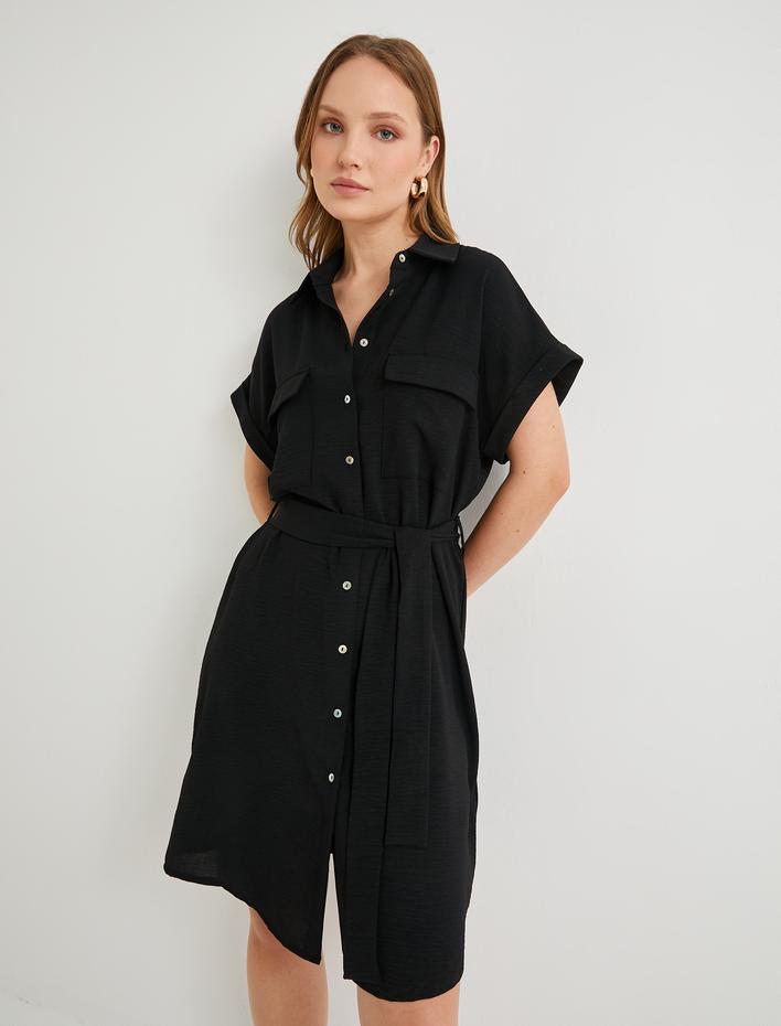  Gömlek Elbise Beli Kuşaklı Düğmeli Cepli